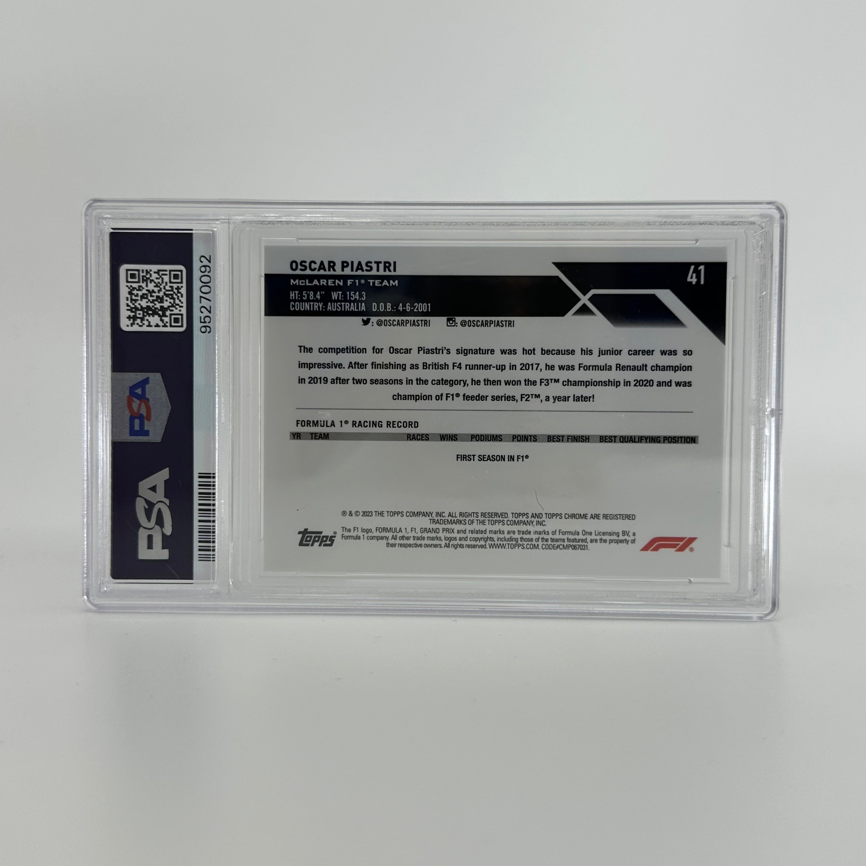 PSA 8 Oscar Piastri #41 Fuchsia Lava 2023 Topps Chrome F1 Rookie Card 021/250 - Collectible Racing Memorabilia for F1 Fans & Sports Card Enthusiasts