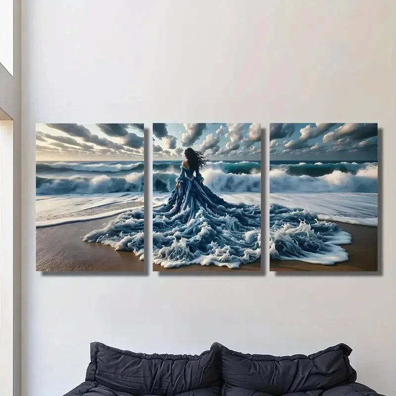 3-Piece Ocean Beach Fantasy Style Mural Metal Print Wall Art - Ready to Hang Coastal Decor for Living Room, Bedroom, or Office