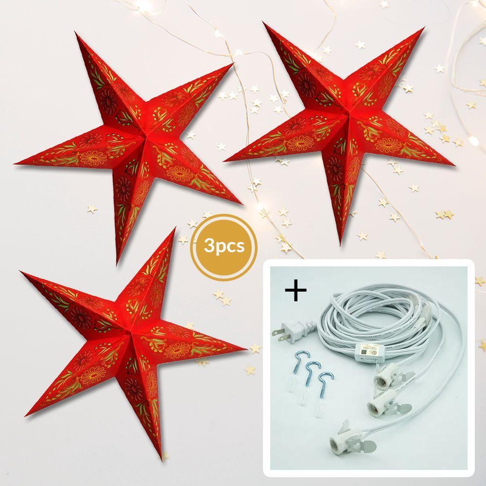 24 Pack Golden Daisy Red Paper Star Lanterns - Hanging Wedding & Party Decorations for Indoor/Outdoor Events, Birthday Celebrations & Home Decor