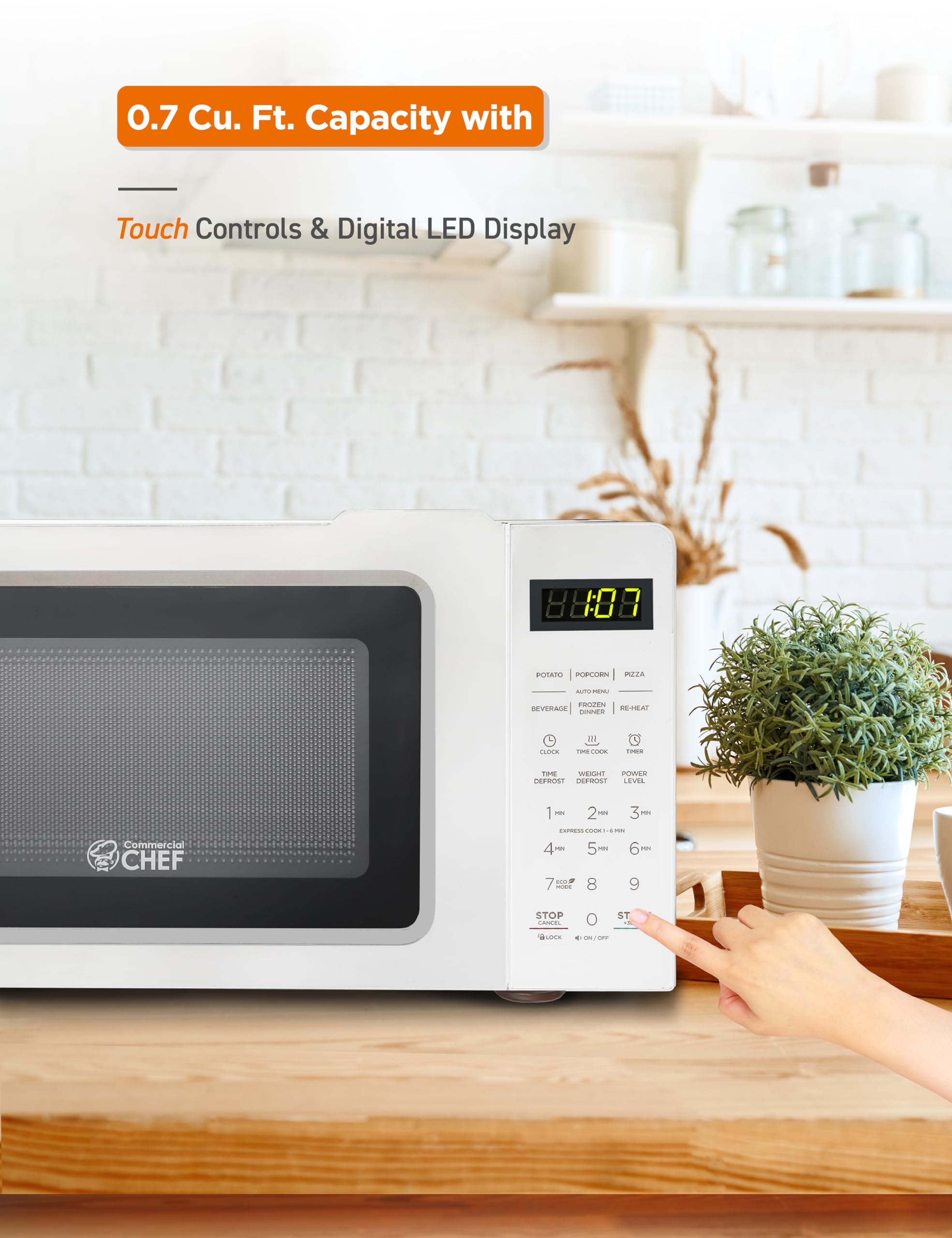 Commercial Chef 0.7 Cu Ft Compact Microwave Oven - 700W Countertop Microwave with 10 Power Levels, Pull Handle, 99-Minute Timer & Digital Display - Perfect for Dorms, Offices & Small Kitchens (White)