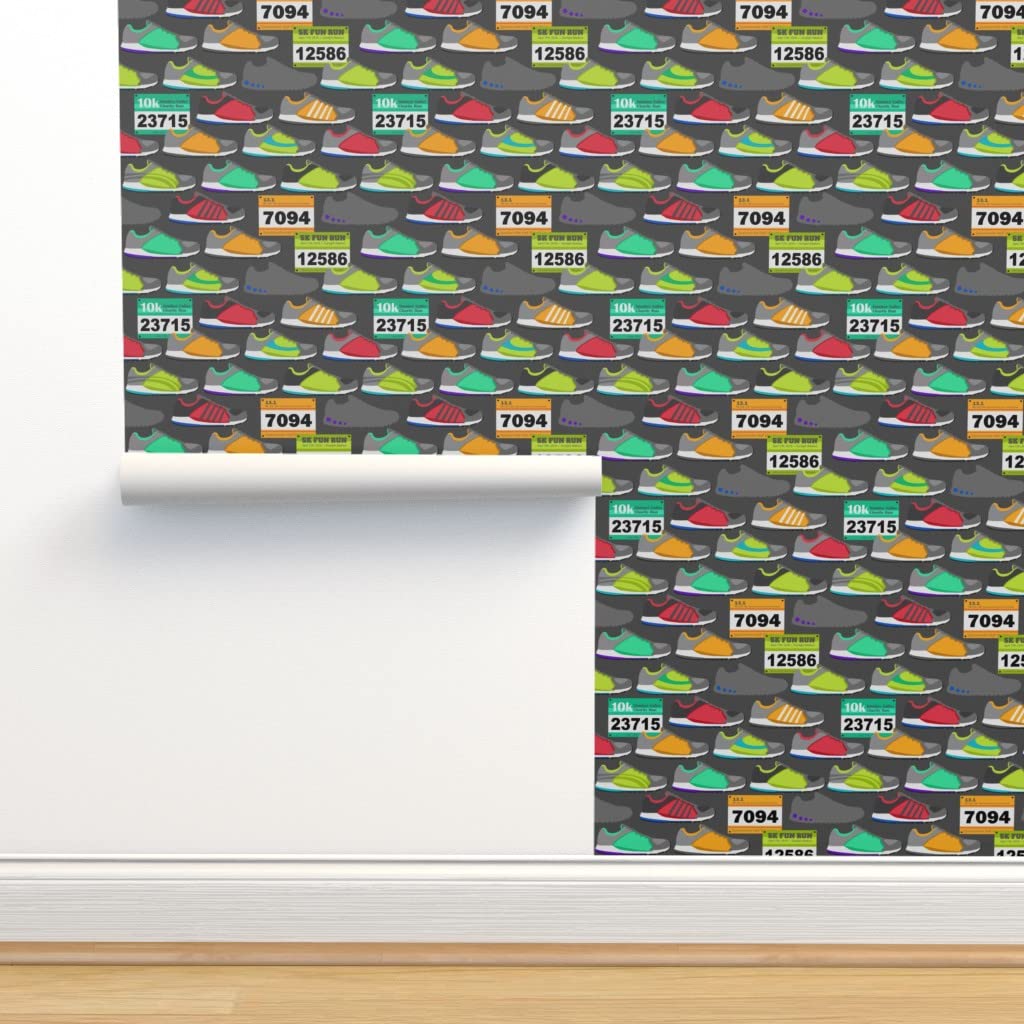 Peel & Stick Removable Wallpaper 9ft x 2ft - Running Shoes & Race Bibs Design for Marathon, Cross Country, Exercise & Fitness - Health & Wellness Themed Custom Wall Decal by Spoonflower - Perfect for Home Gym, Office Decor or Sports Enthusiast's Room