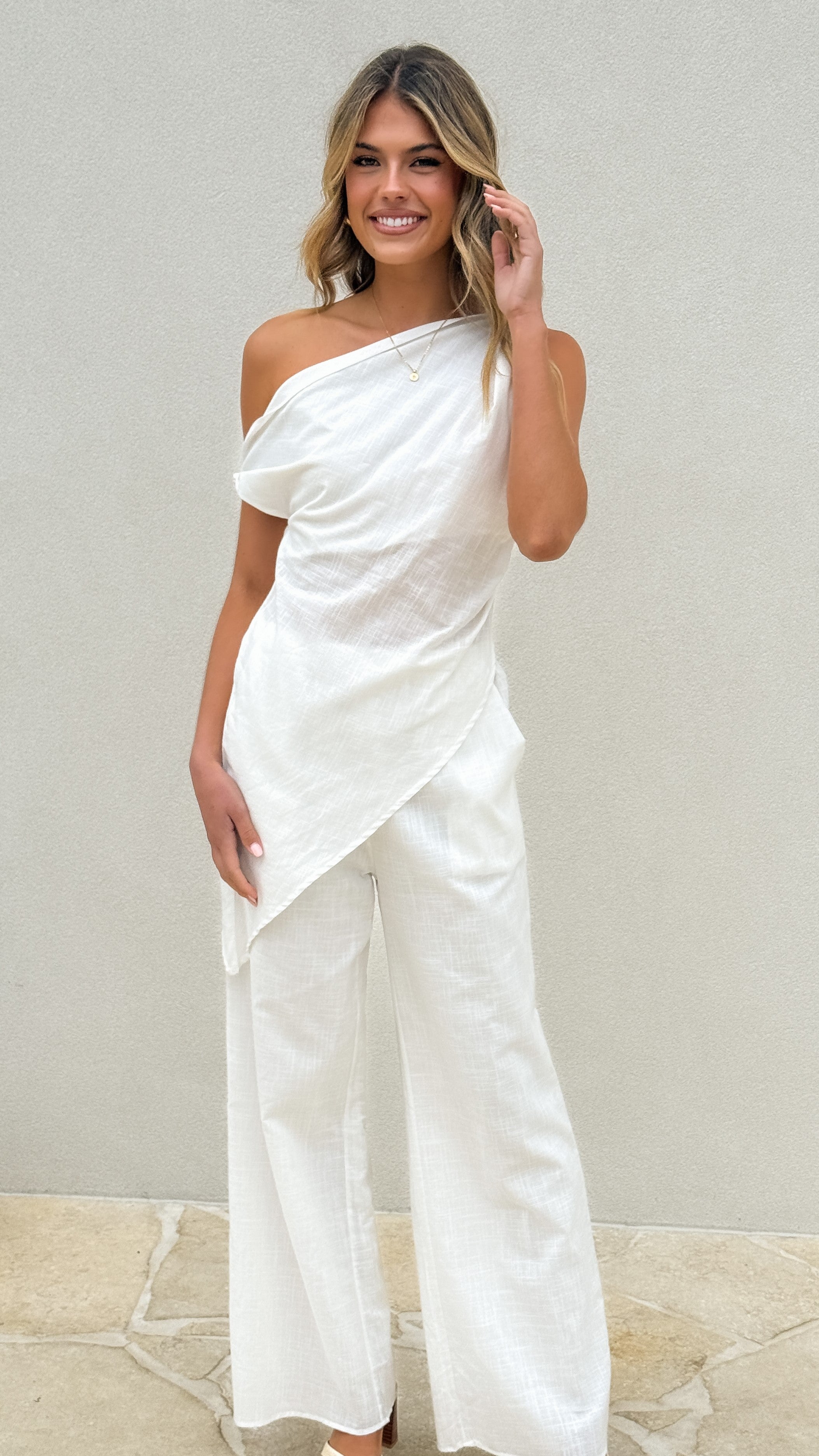 Liana Off Shoulder Crop Top and High Waisted Pants Set - Women's Summer Fashion Outfit in White | Perfect for Beach Vacation, Date Night & Casual Wear