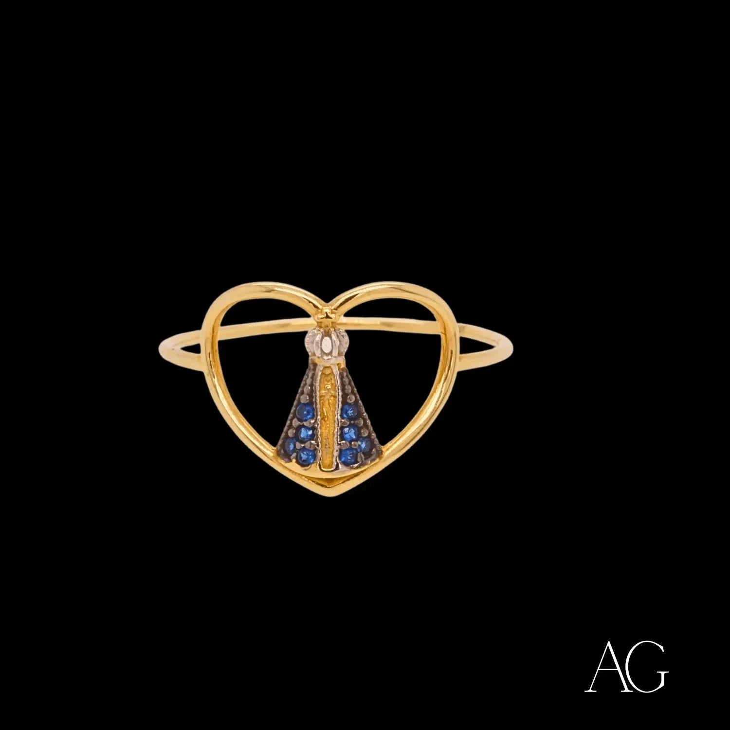 Divine Love Nossa Senhora Ring - 18K Gold Plated Dark Blue Virgin Mary Religious Jewelry for Women - Perfect for Church, Weddings & Special Occasions