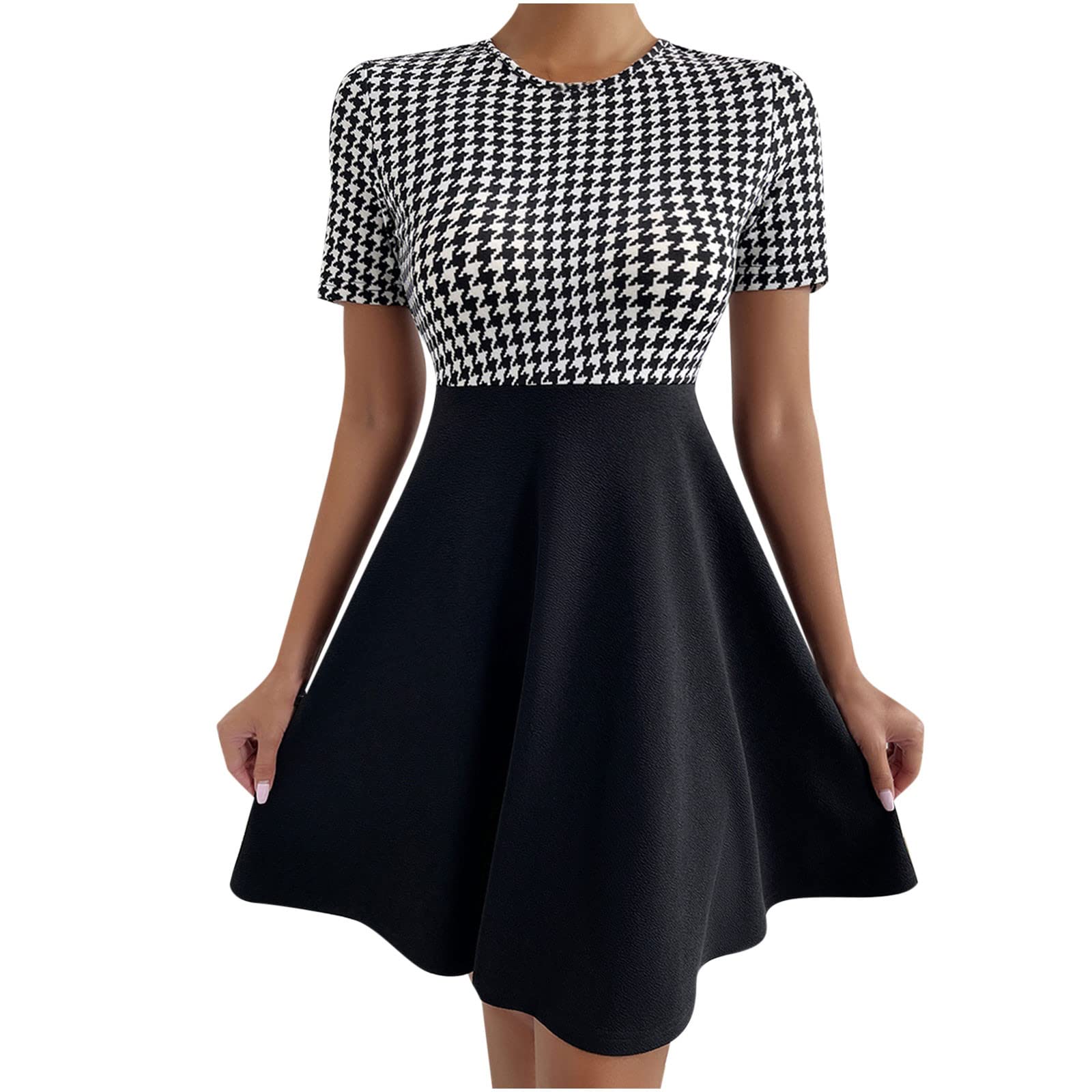 Women's Sexy Slimming Patchwork Mini Dress - Houndstooth Print, Round Neck, Casual & Slim Fit | Perfect for Summer Outings, Beach Vacations & Date Nights