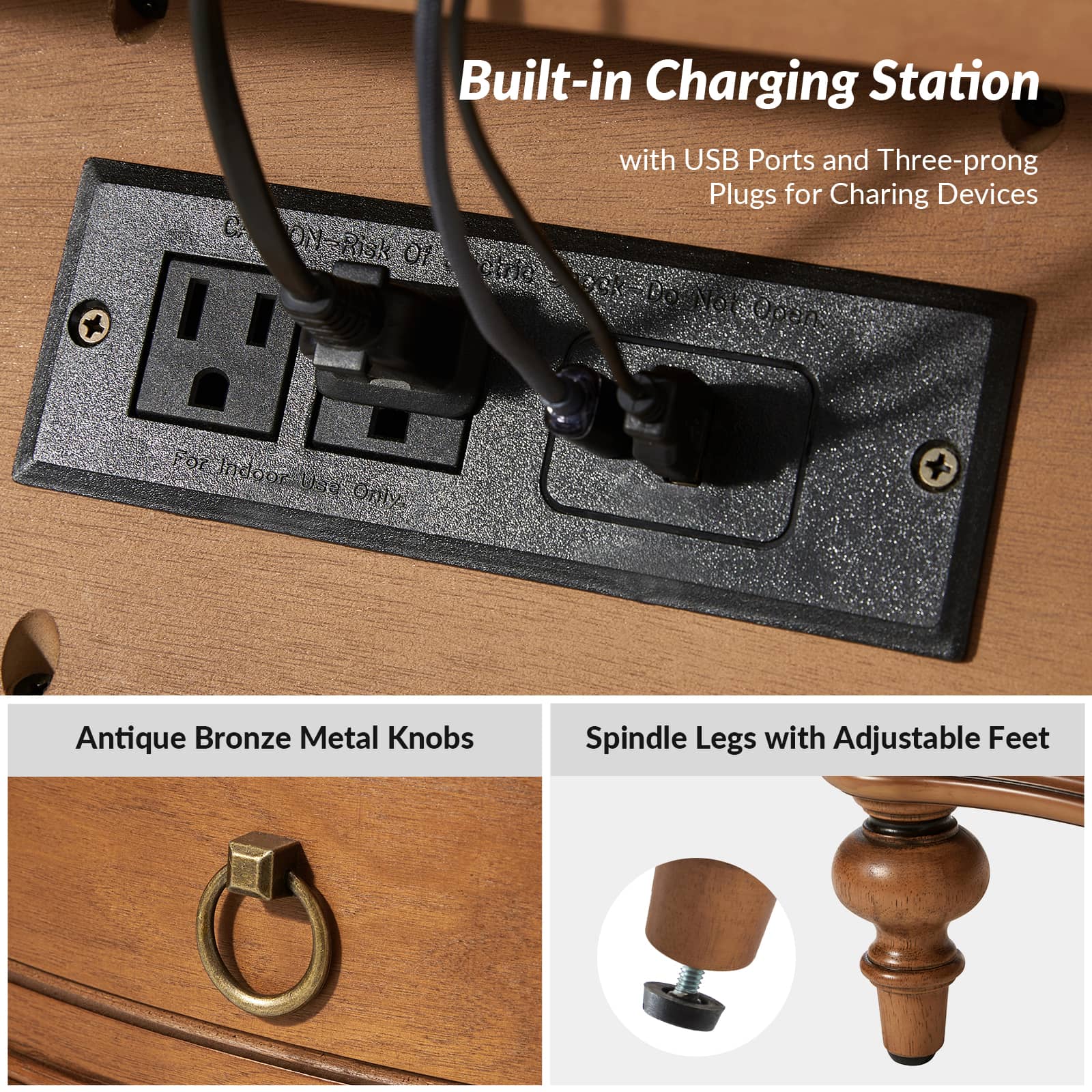 Bernhard 3 Drawer Traditional Nightstand with USB Outlets - Solid Wood Bedside Table for Bedroom, Living Room & Office - Charging Station & Storage Cabinet