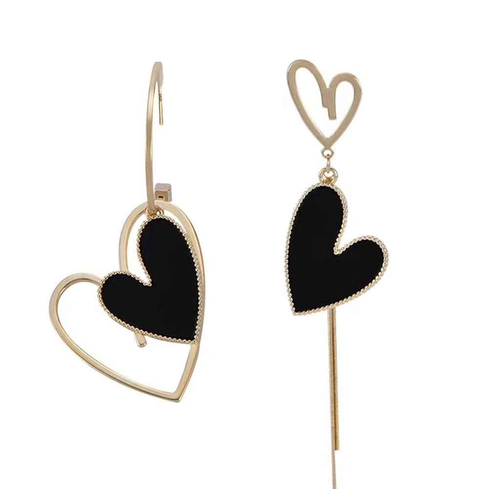 Black Asymmetrical Heart Drop Dangle Earrings for Women & Girls - Long Tassel Fashion Stud Earrings in Gold | Perfect for Date Night, Parties & Gift Giving