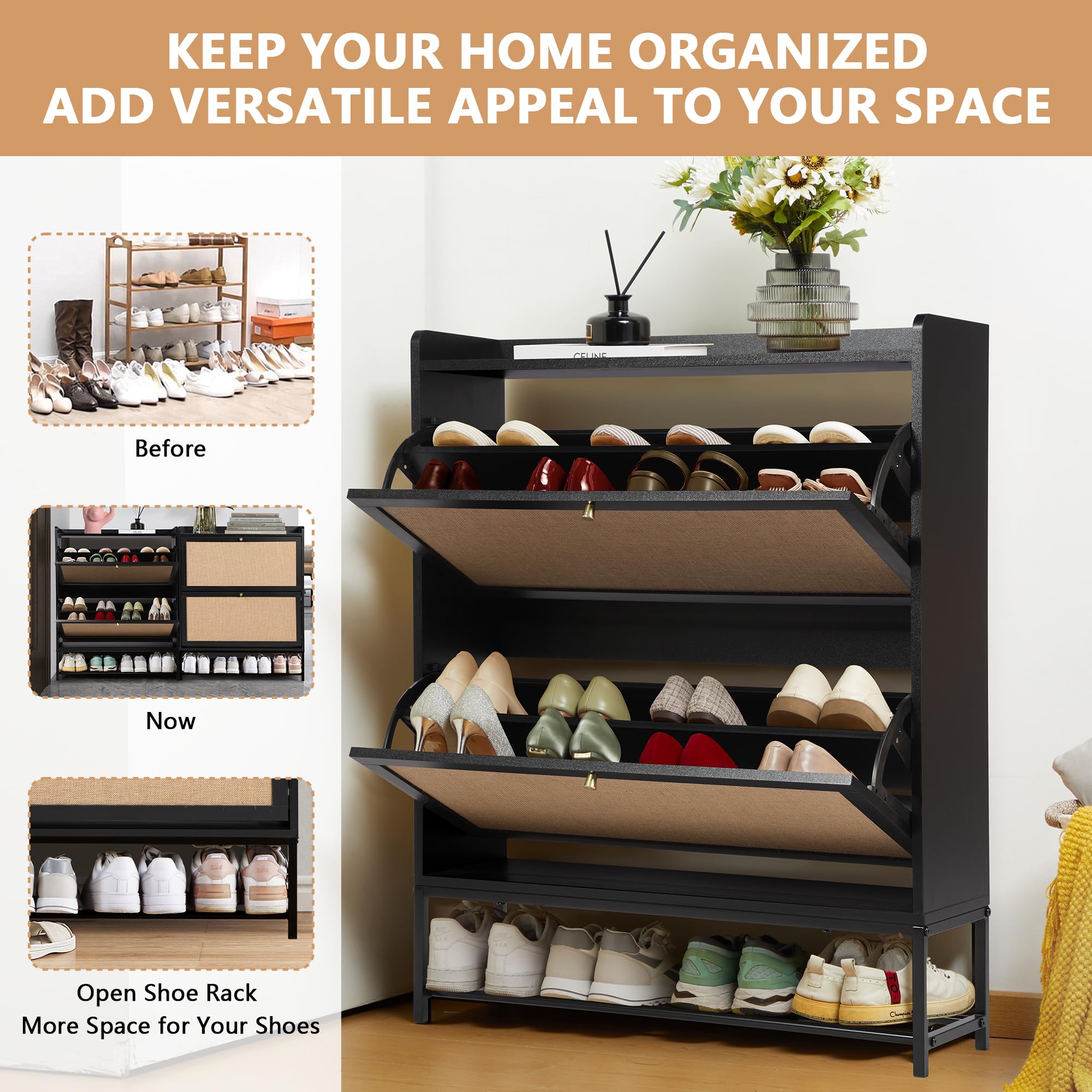 LEVNARY Wooden Shoe Storage Cabinet with 2 Flip Drawers - Narrow Freestanding Shoe Rack Organizer with Metal Legs for Entryway, Hallway & Closet - Perfect for Small Spaces & Shoe Organization (Black)
