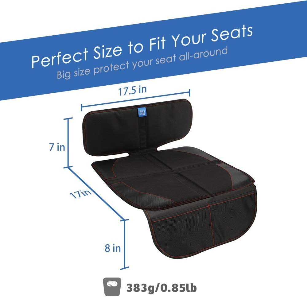 FunBliss Premium Car Seat Protector for Child Safety Seats - Thickest Padding Auto Seat Cover Mat to Protect Leather & Fabric Upholstery, PVC Leather Reinforced Corners - Perfect for Baby Car Seats, Strollers & Travel Accessories