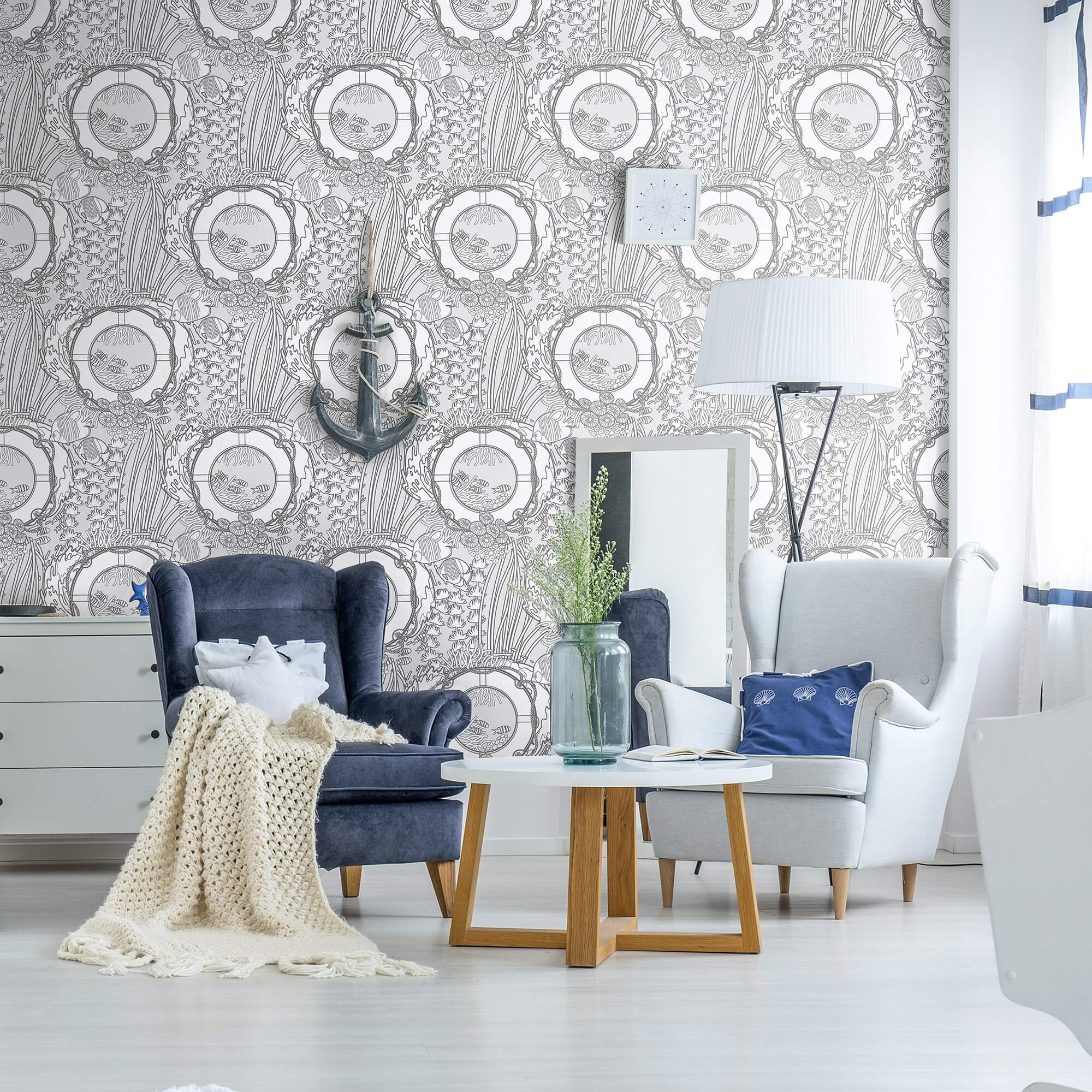 White and Grey Fish Nautical Peel and Stick Removable Wallpaper - Self-Adhesive Decorative Wall Covering for Bathroom, Nursery & Coastal Home Decor