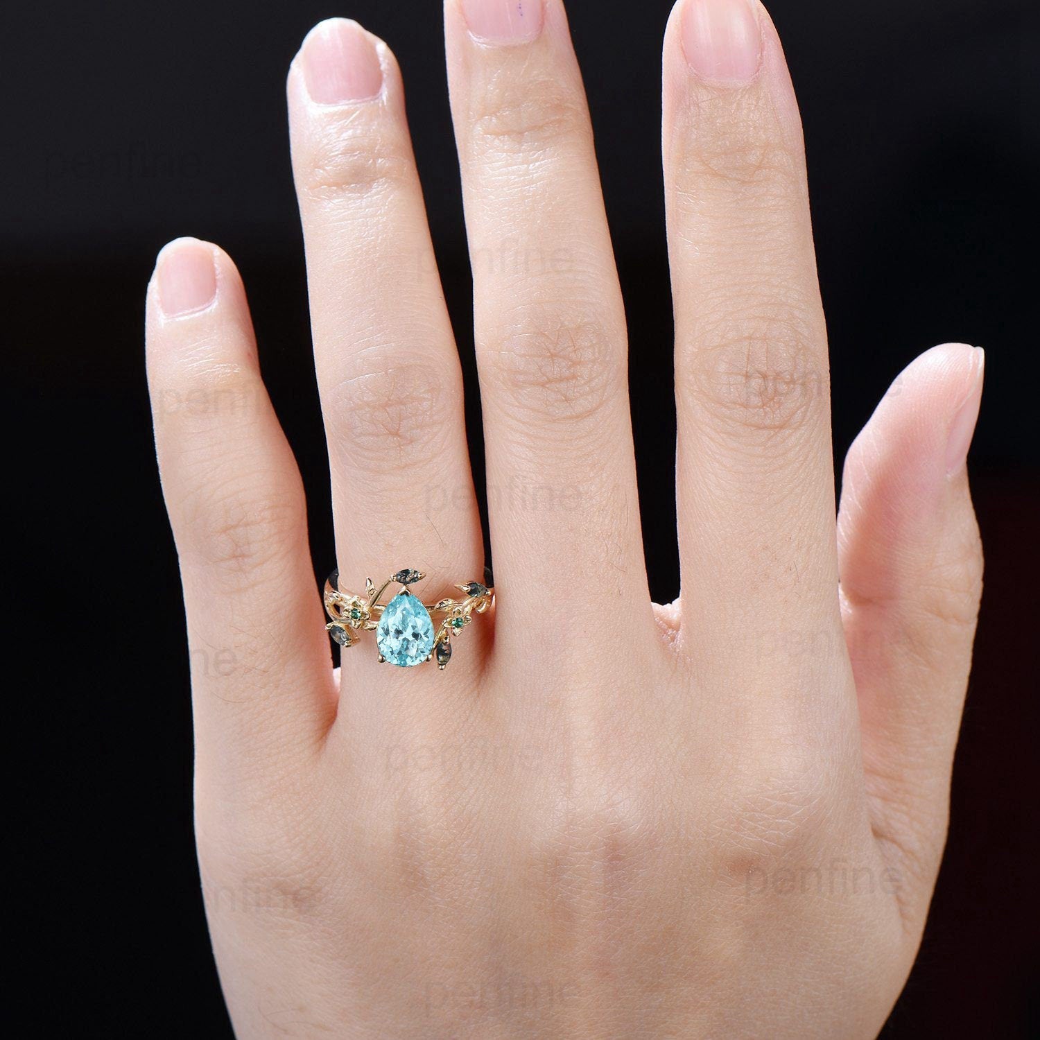 Elegant Pear Lab Paraiba Engagement Ring - Nature Inspired Floral Ring with Green Agate - Wedding & Anniversary Gift - Emerald Branch Leaf Vine Design for Bridal, Proposal & Special Occasions