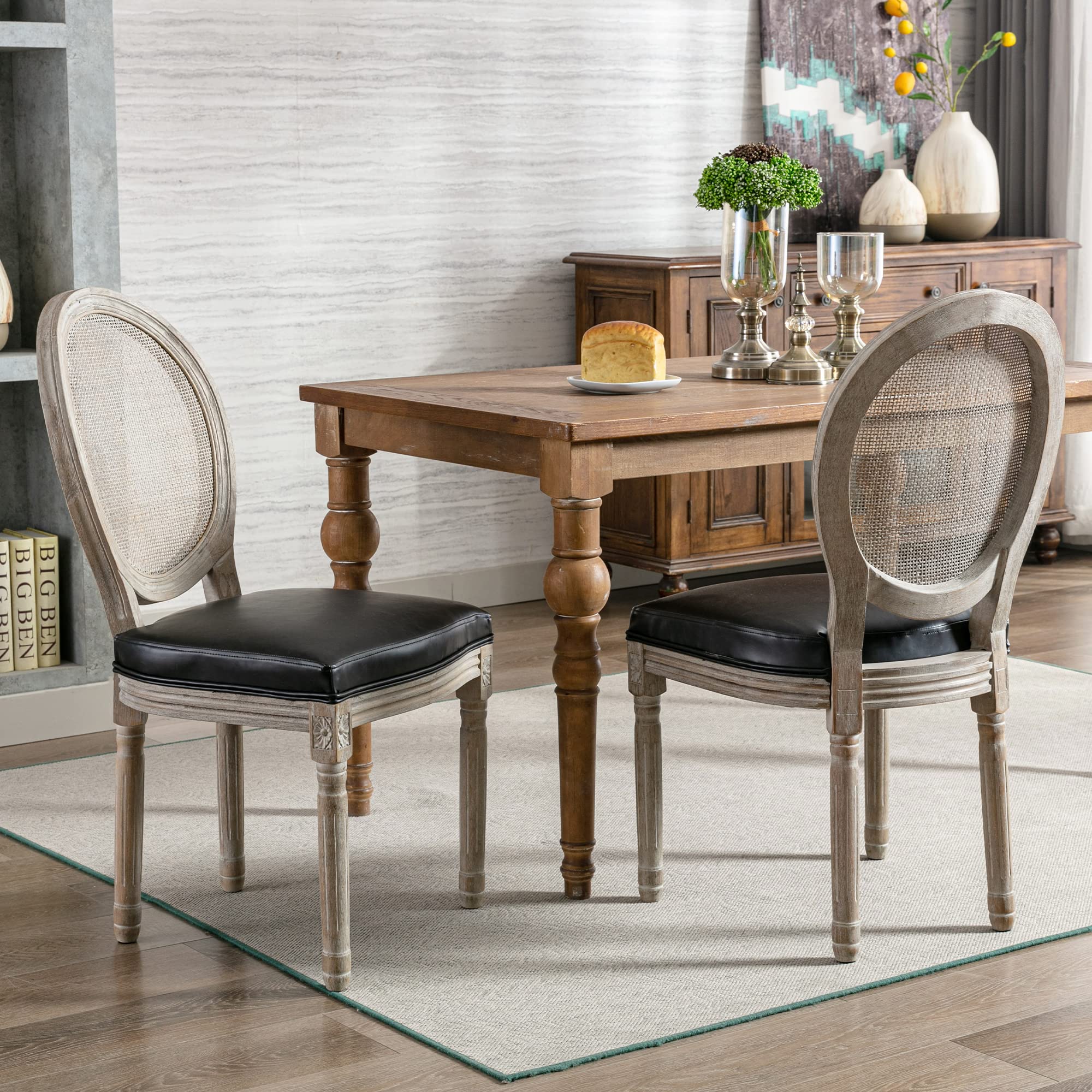 Farmhouse Rattan Dining Chairs Set of 2 - French Country Leather Upholstered Round Back Side Chairs for Kitchen, Restaurant, Dining Room & Living Room - Elegant Black Home Decor (Perfect for Farmhouse, Cottage & Vintage Style Interior Design)