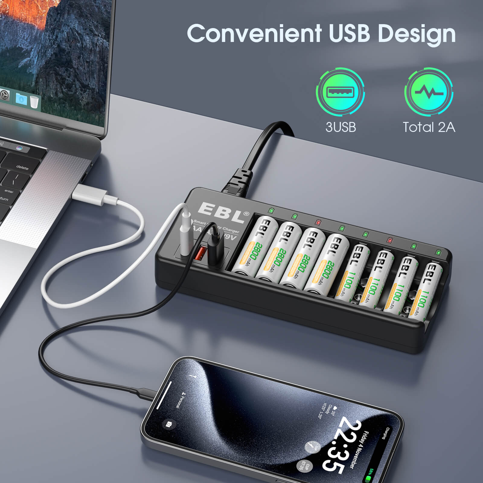 EBL AA AAA 9V Rechargeable Battery Charger with 8 AA & 8 AAA Batteries - Fast Charging for Cameras, Toys, Remote Controls & Electronics
