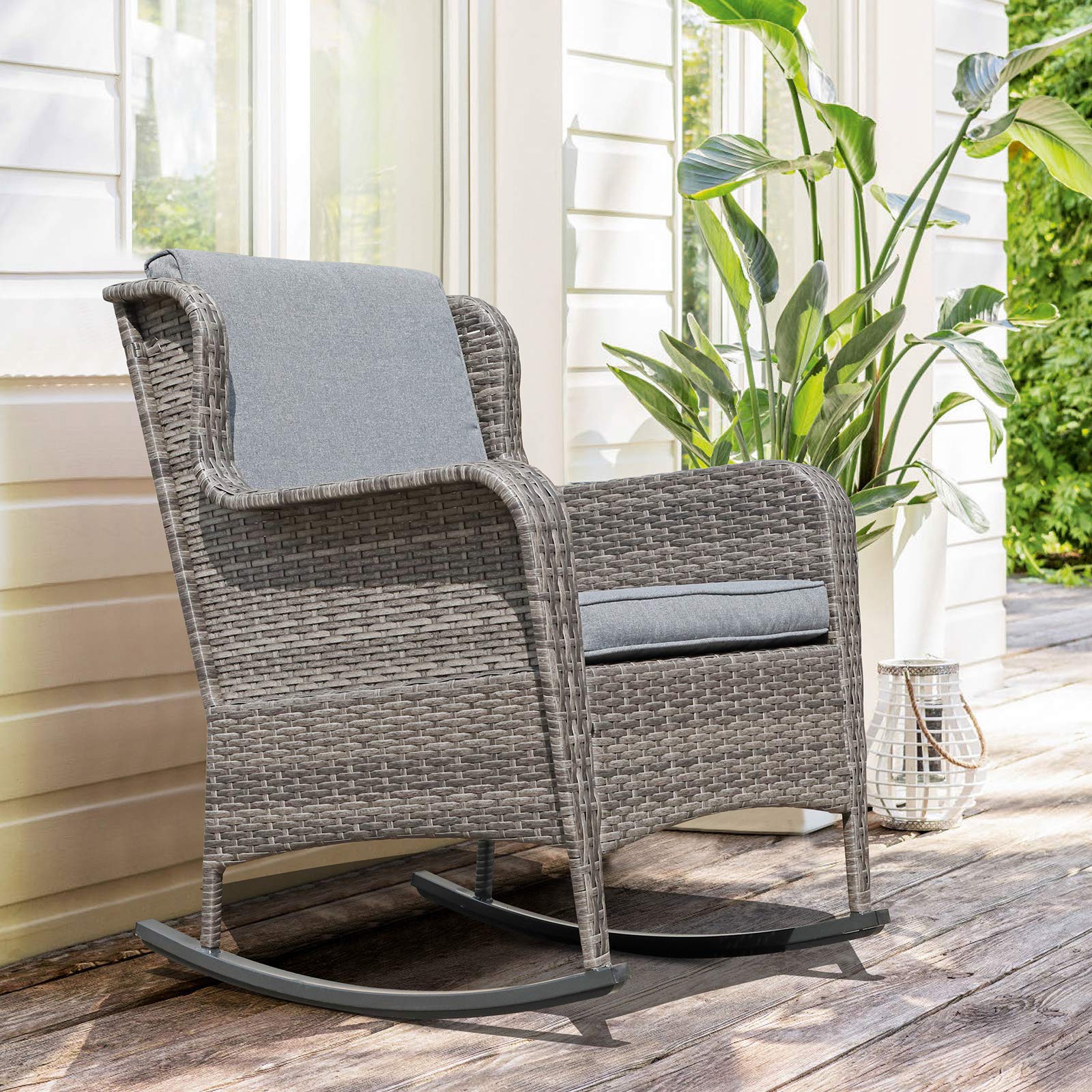 Outdoor Resin Wicker Rocking Chair with Cushions - Set of 2, Gray Patio Furniture for Garden, Yard & Deck - Perfect for Relaxing, Sunbathing & Entertaining Guests