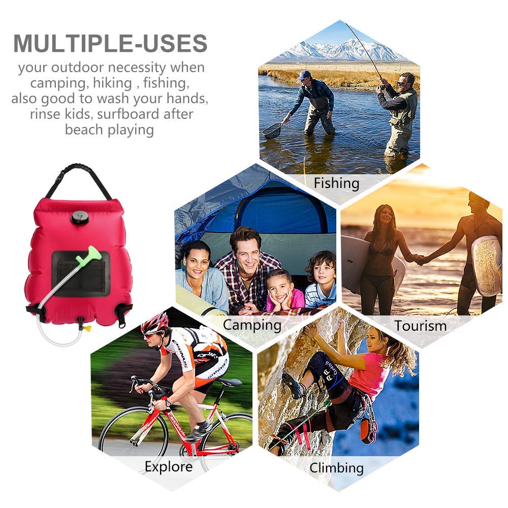 5 Gallon Solar Shower Bag - 20L Portable Camping Shower with Removable Hose & On/Off Switchable Shower Head | Perfect for Beach, Swimming, Hiking, RV Trips & Outdoor Adventures | Lightweight Solar Heated Water Bag for Camping, Travel & Emergency Use