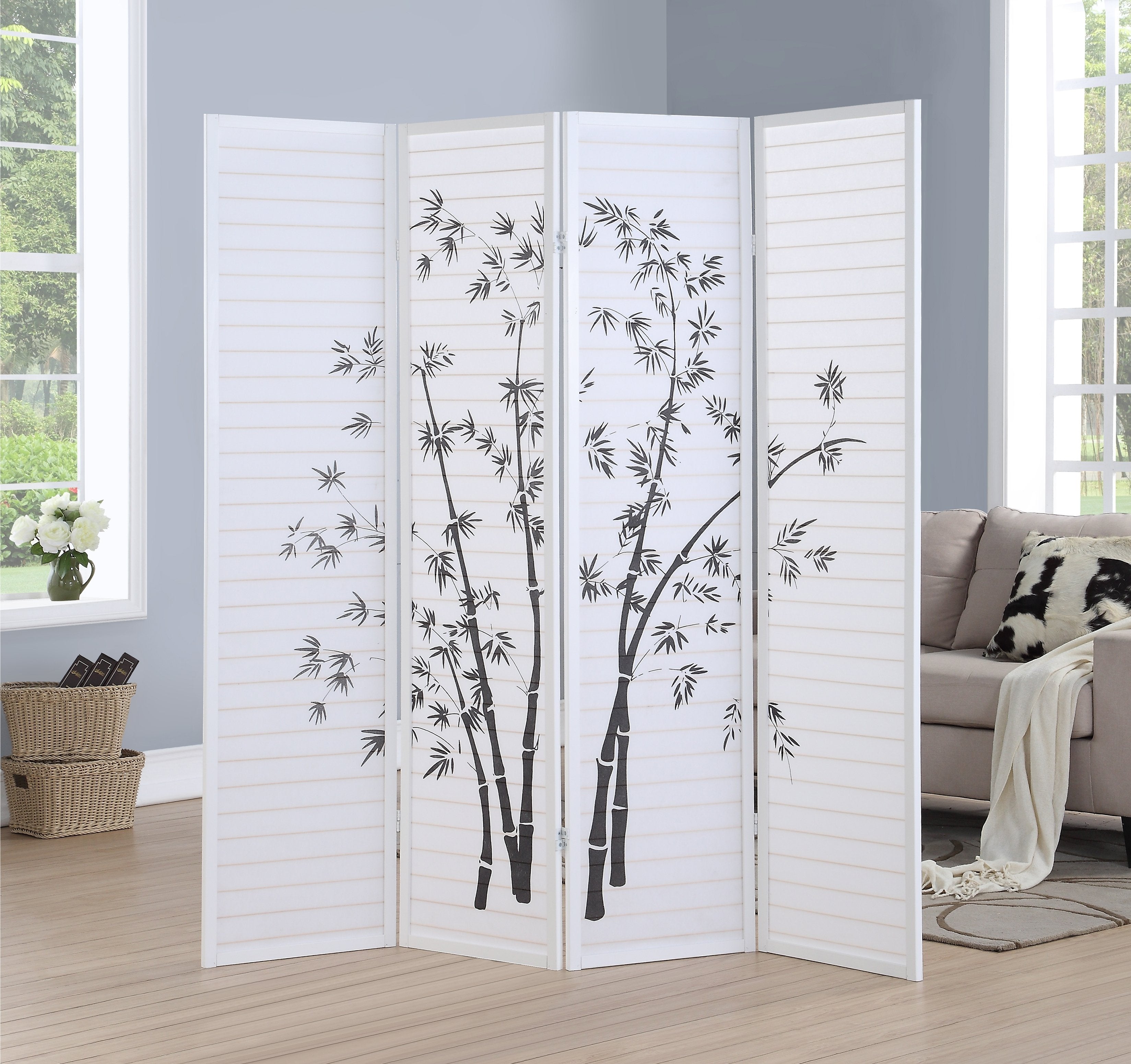 Roundhill Furniture Bamboo Print 4-Panel Folding Room Divider Screen - White Privacy Partition for Home, Office & Studio Decor - Perfect for Living Room, Bedroom Separation and Space Division