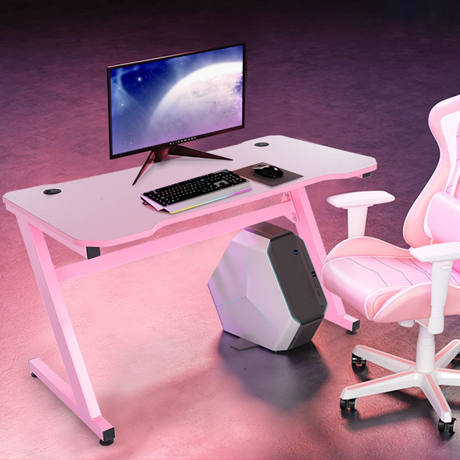 47.2 Inch Pink Gaming Desk - Ergonomic Z-Shaped Computer Table for Home Office & Gaming Workstation | Perfect for PC Gaming, Streaming & Remote Work (Pink)