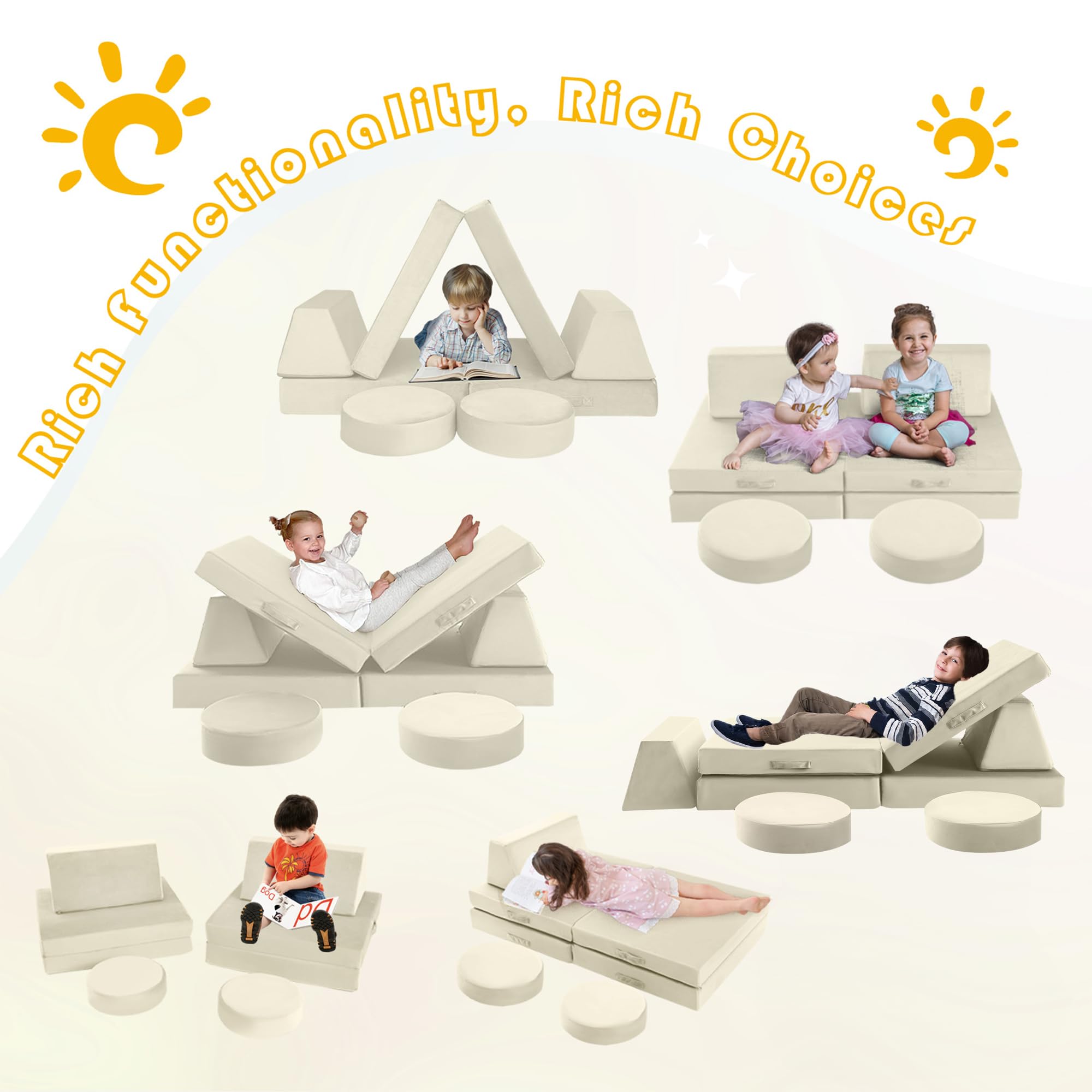 MeMoreCool Modular Kids Play Couch - Beige Foam Sofa & Fort Building Set for Toddlers | Indoor Playroom Furniture for Creative Play & Learning