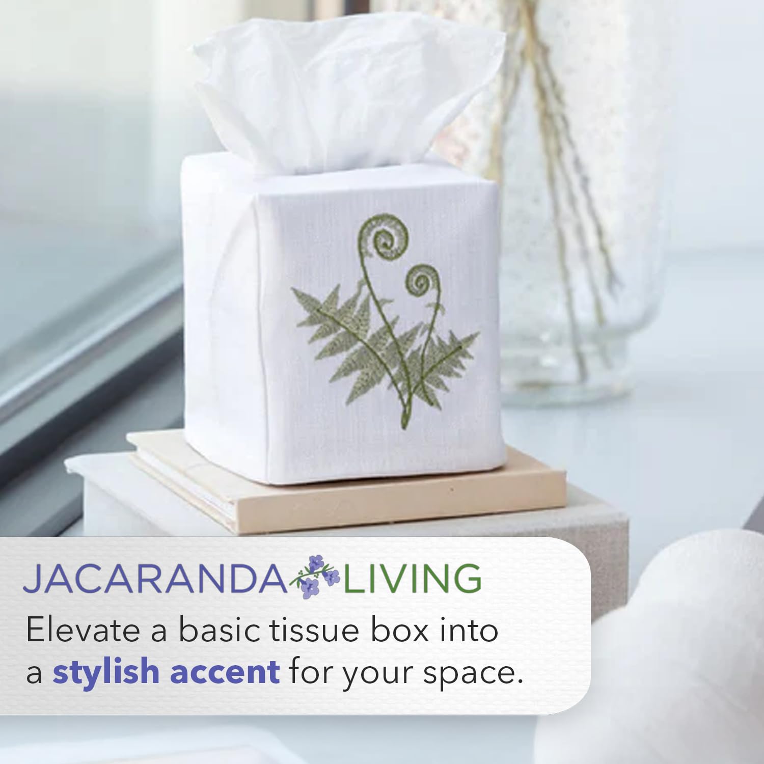 Jacaranda Living Square Tissue Box Cover - Linen Cotton Fabric Tissue Holder with Nature Napoleon Bee Wreath Design (Beige) | Decorative Cloth Tissue Cube for Living Room, Bedroom & Bathroom Decor