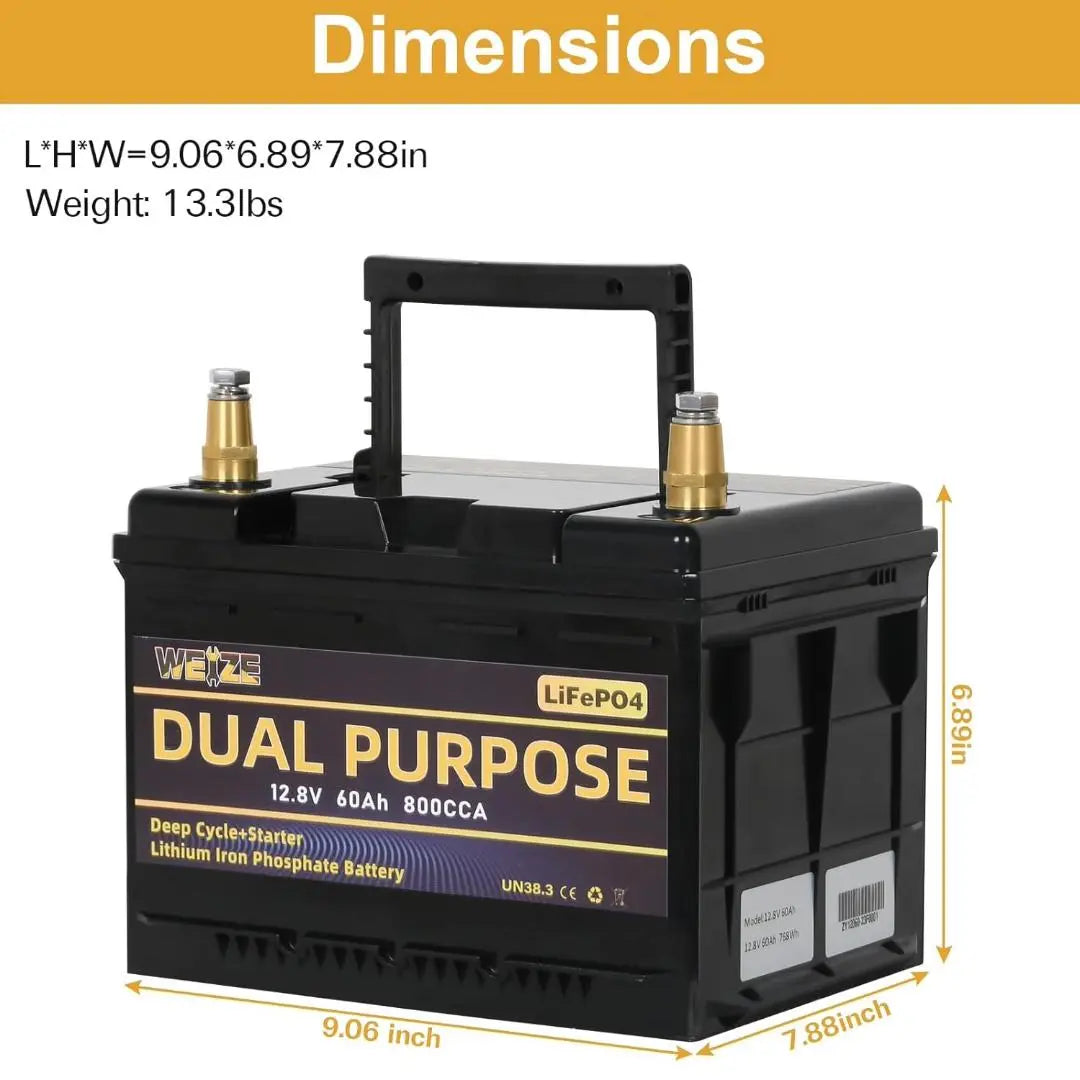 WEIZE 12V 60AH LiFePO4 Lithium Battery - Dual Purpose Starter & Deep Cycle Battery for Marine, RV, Solar - Perfect for Boats, Campers, Off-Grid Power & Backup Energy Storage