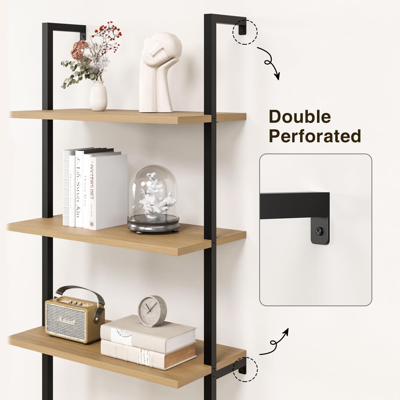2-Tier Ladder Shelf with Storage Cabinet & Fluted Design - Wall Mount Bookcase with Metal Frame - Space Saving Display Shelves for Living Room, Bedroom, Bathroom & Home Office - Perfect for Organizing Books, Decor & Essentials