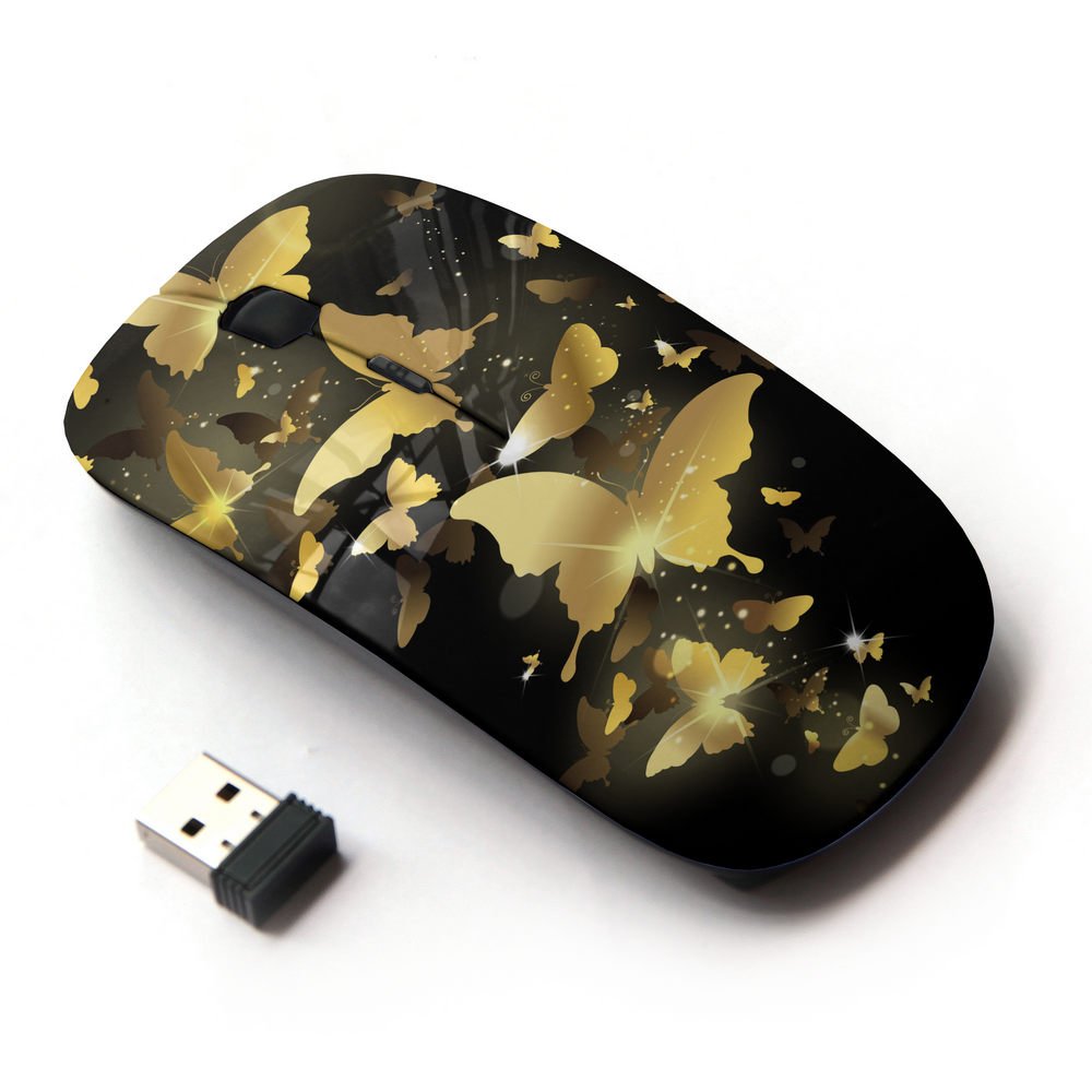 2.4G Wireless Optical Mouse with Gold Butterfly Bling Design - Ergonomic USB Computer Mouse for Laptop, PC, Gaming & Office Use