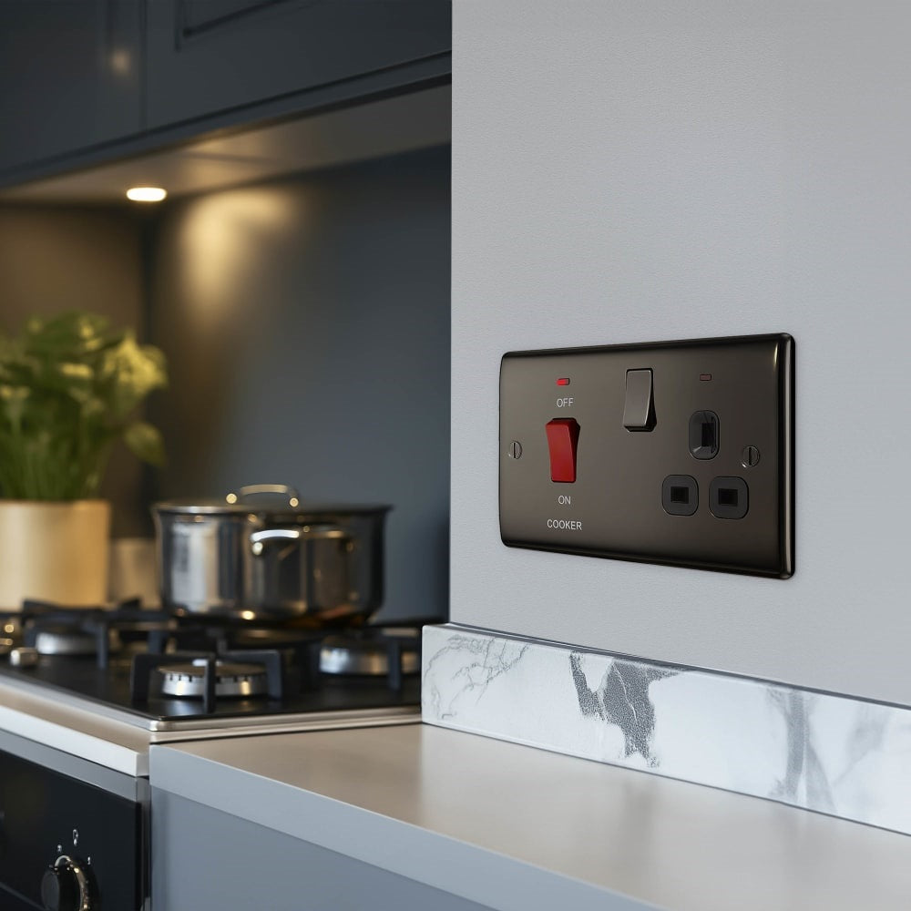 BG Nexus 13A Metal Black Nickel Cooker Switch with Socket - Heavy Duty Kitchen Appliance for Ovens, Stoves & Cooktops - NBN70B