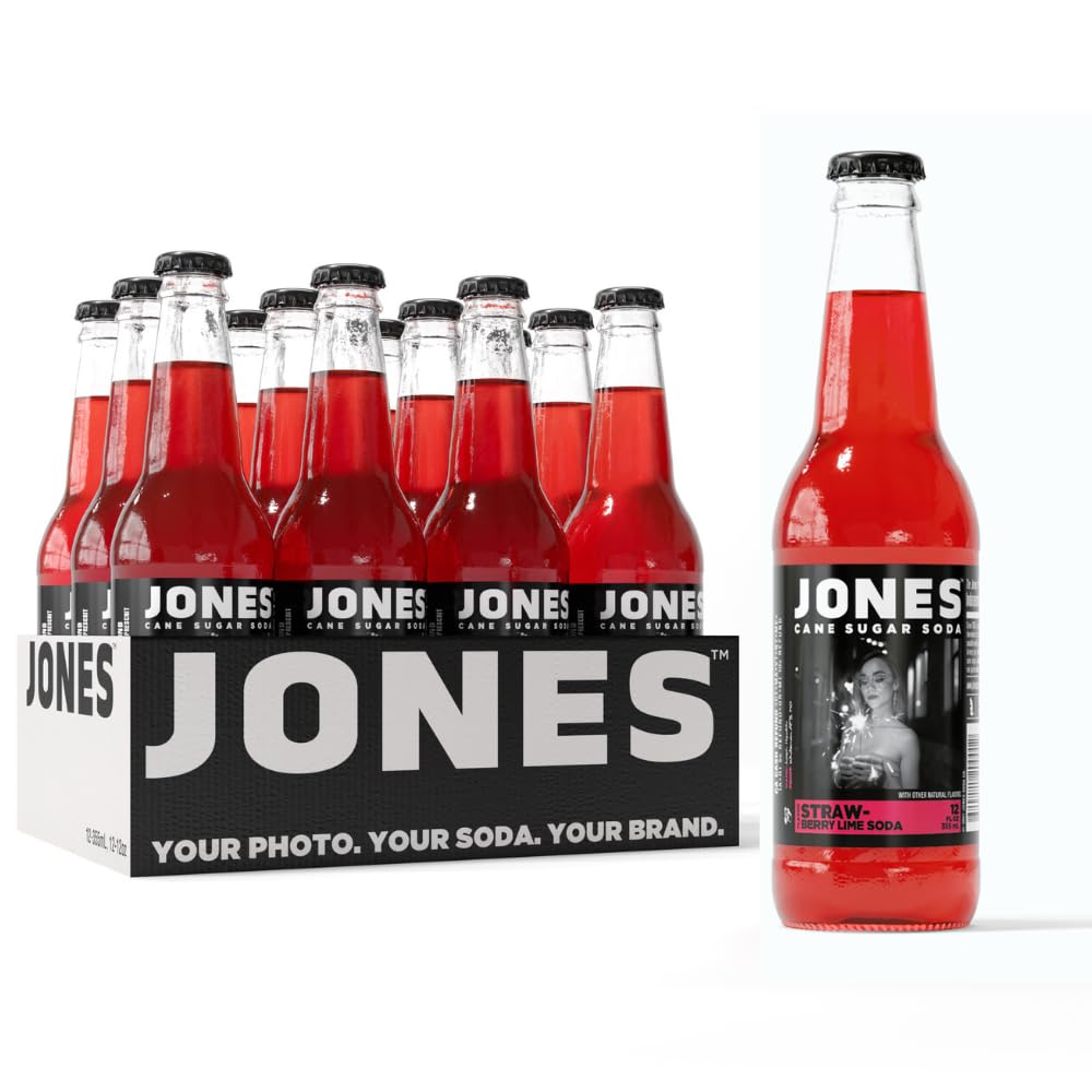 Jones Soda Co. Strawberry Lime Flavor - 12-Pack of 12oz Glass Bottles | Original Craft Soda Made with 100% Pure Cane Sugar | Refreshing Pop Beverage for Parties, BBQs & Summer Gatherings
