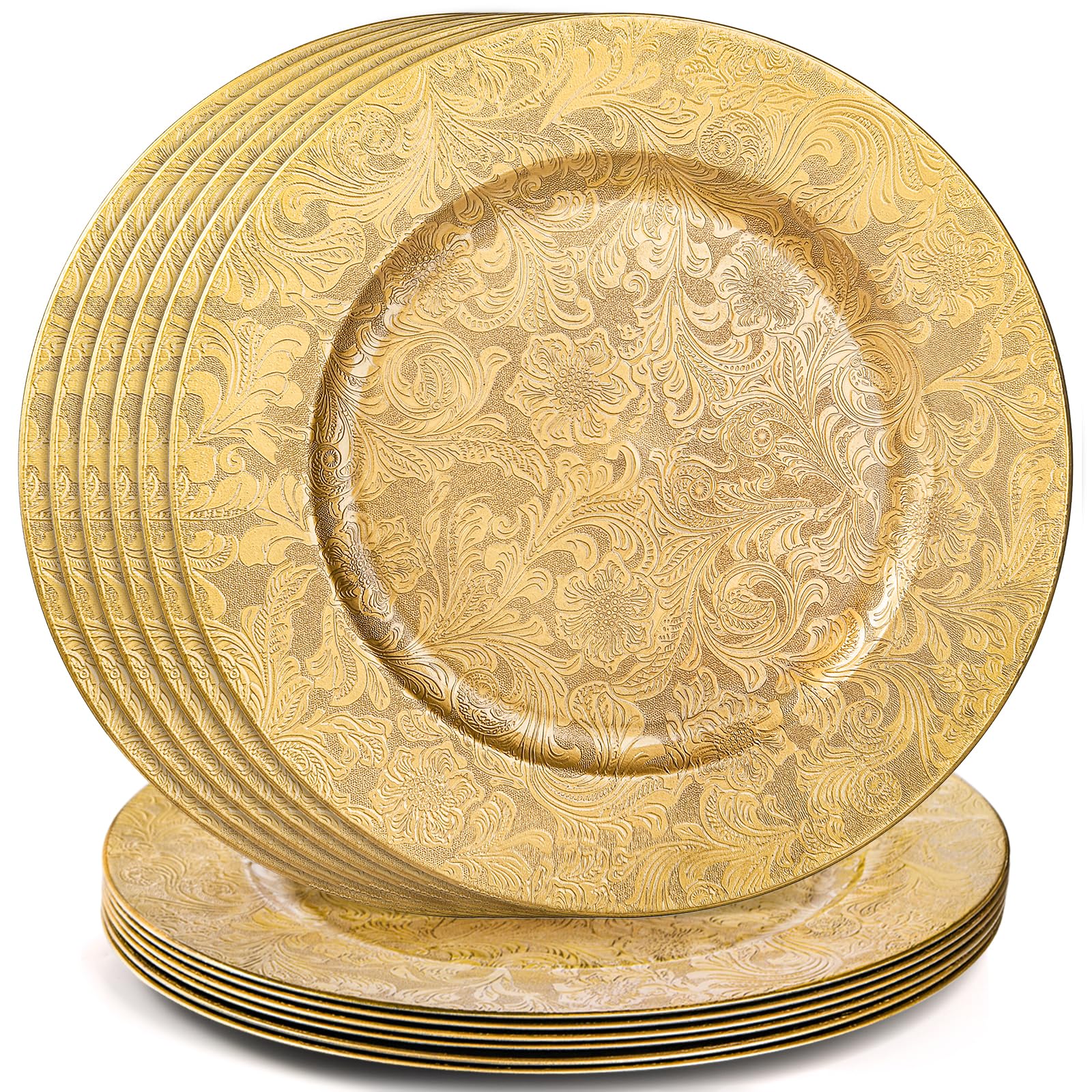 ZOOFOX 12 Pack Gold Charger Plates - 13 Inch Round Plastic Dinner Plate Chargers - Elegant Floral Antique Design for Wedding, Party & Formal Table Settings - Perfect for Holiday Dinners, Bridal Showers & Restaurant Decor