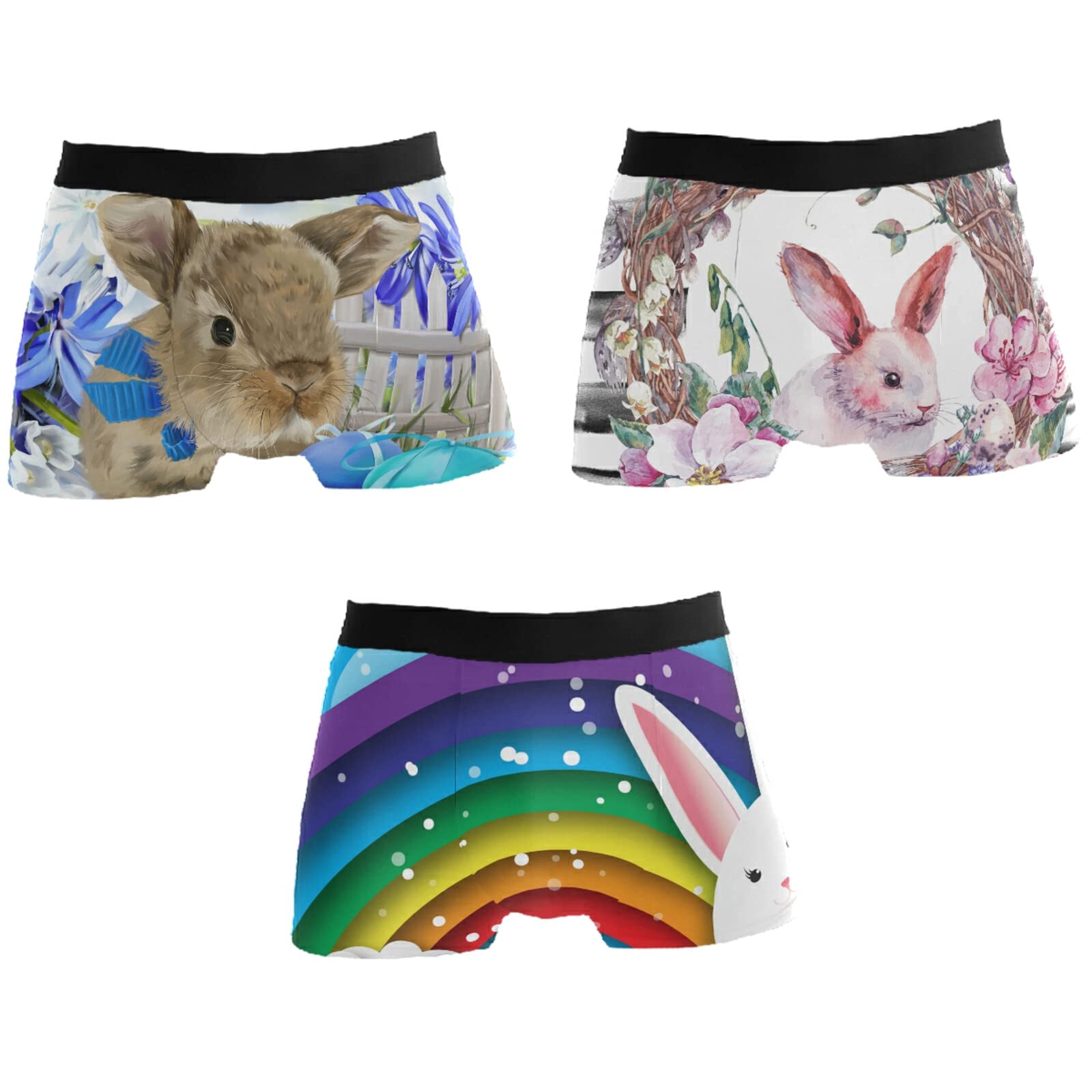 AHOMY Men's Boxer Briefs - Breathable Stretch Underwear with Pouch, Easter Rainbow Bunny Egg Print, 3-Pack | Comfortable Daily Wear & Holiday Gift