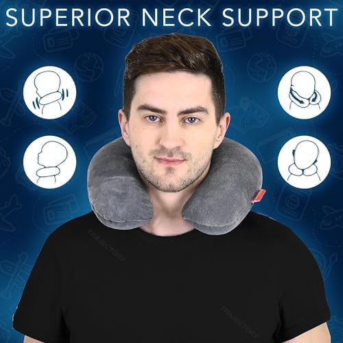 Ergonomic Memory Foam Travel Neck Pillow for Airplane, Car & Train - Comfortable Support for Sleeping on Flights & Long Trips - Grey - 5-Year Warranty - Perfect for Men & Women Travelers, Business Trips & Commuting