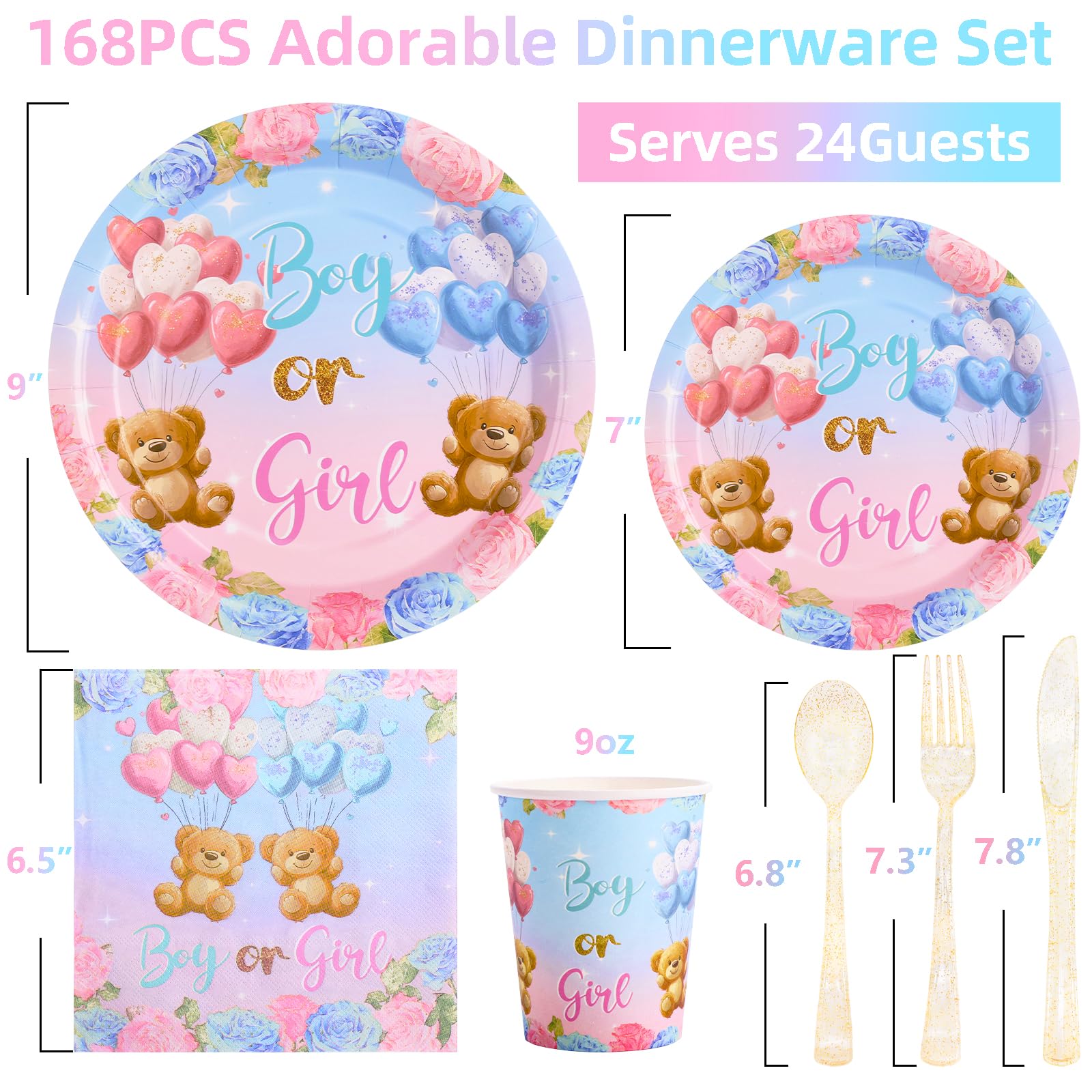 Baby Bear Gender Reveal Party Supplies Set - 24-168PCS Plates, Cups & Napkins for Gender Announcement Celebrations | Perfect for Baby Showers, Nursery Decor & Social Media Reveals
