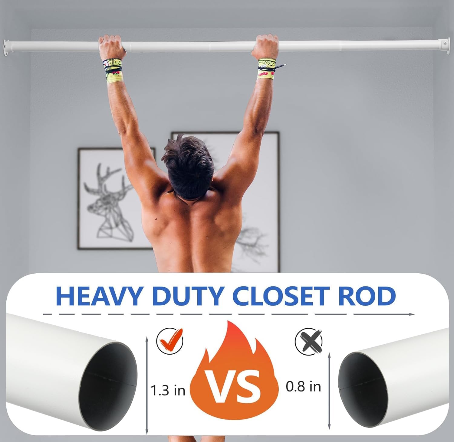 Adjustable Heavy Duty Closet Rod 17-38 Inch - 1.3 Inch Diameter White Closet Hanging Pole for Wardrobes, Bathroom & Windows - Perfect for Organizing Clothes, Curtains & Storage Spaces