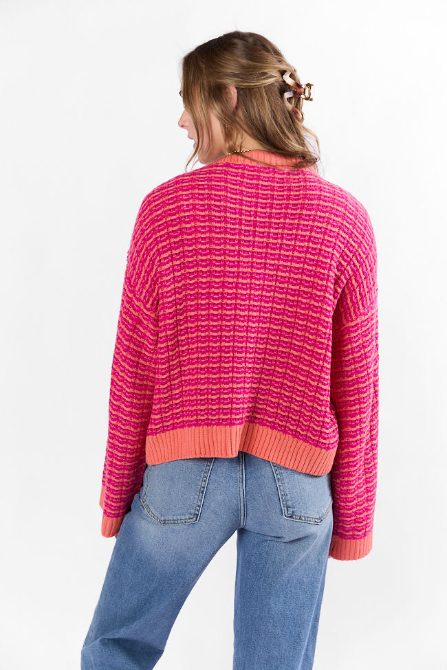 Trendy Pink and Orange Woven Textured Knit Cardigan for Women - Soft Long Sleeve Open Front Sweater - Perfect for Fall Layering, Office Wear & Casual Outfits