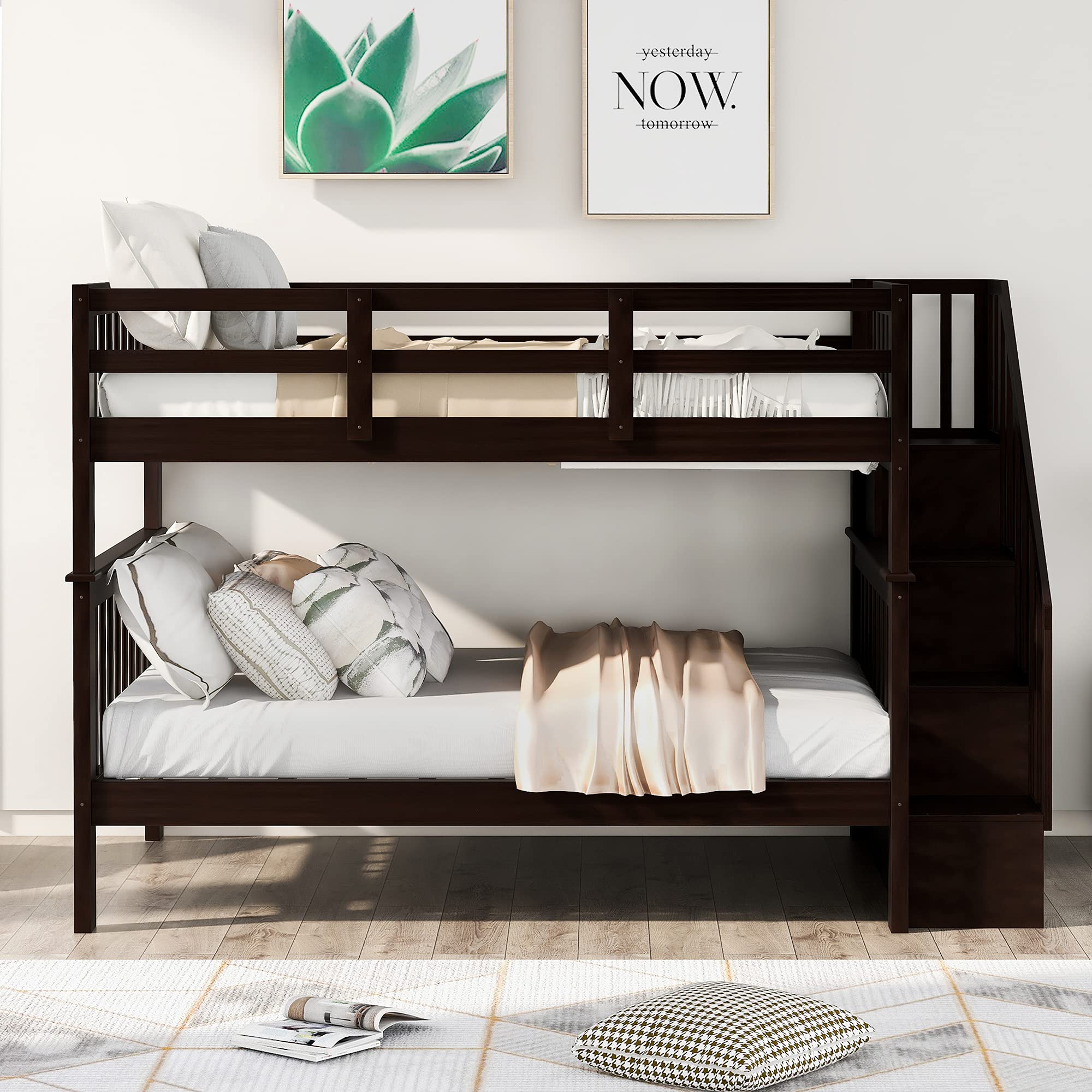 Harper & Bright Designs Full Over Full Bunk Bed with Wood Stairway - Convertible Storage Bunk Bed with Safety Guard Rail, Espresso Finish - Perfect for Kids' Bedroom, Guest Room & Space-Saving Solutions