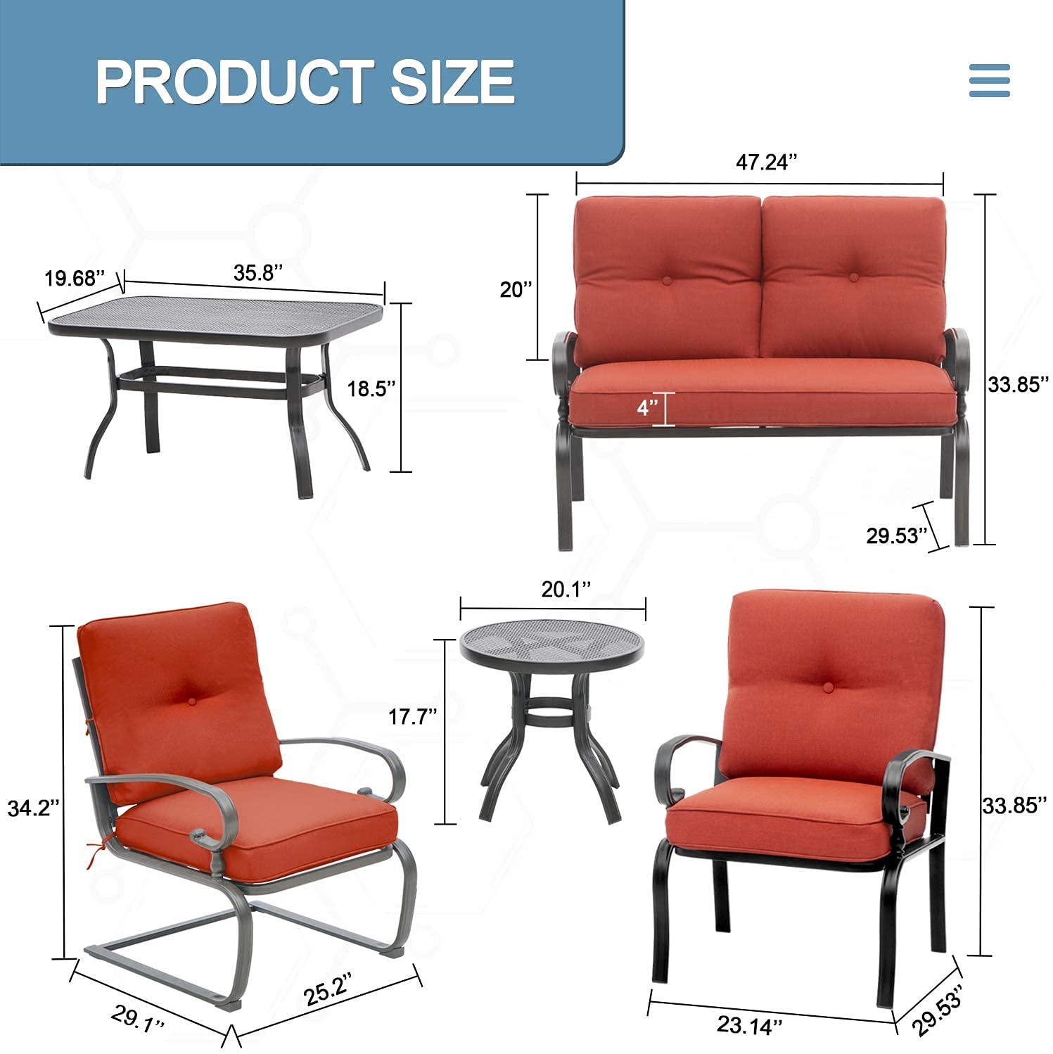 SOLAURA 7-Piece Outdoor Metal Patio Furniture Set - 2 Spring Chairs, 2 Patio Chairs, Loveseat with Coffee Table & Side Table - Weather-Resistant Red Conversation Set for Garden, Backyard & Poolside Relaxation