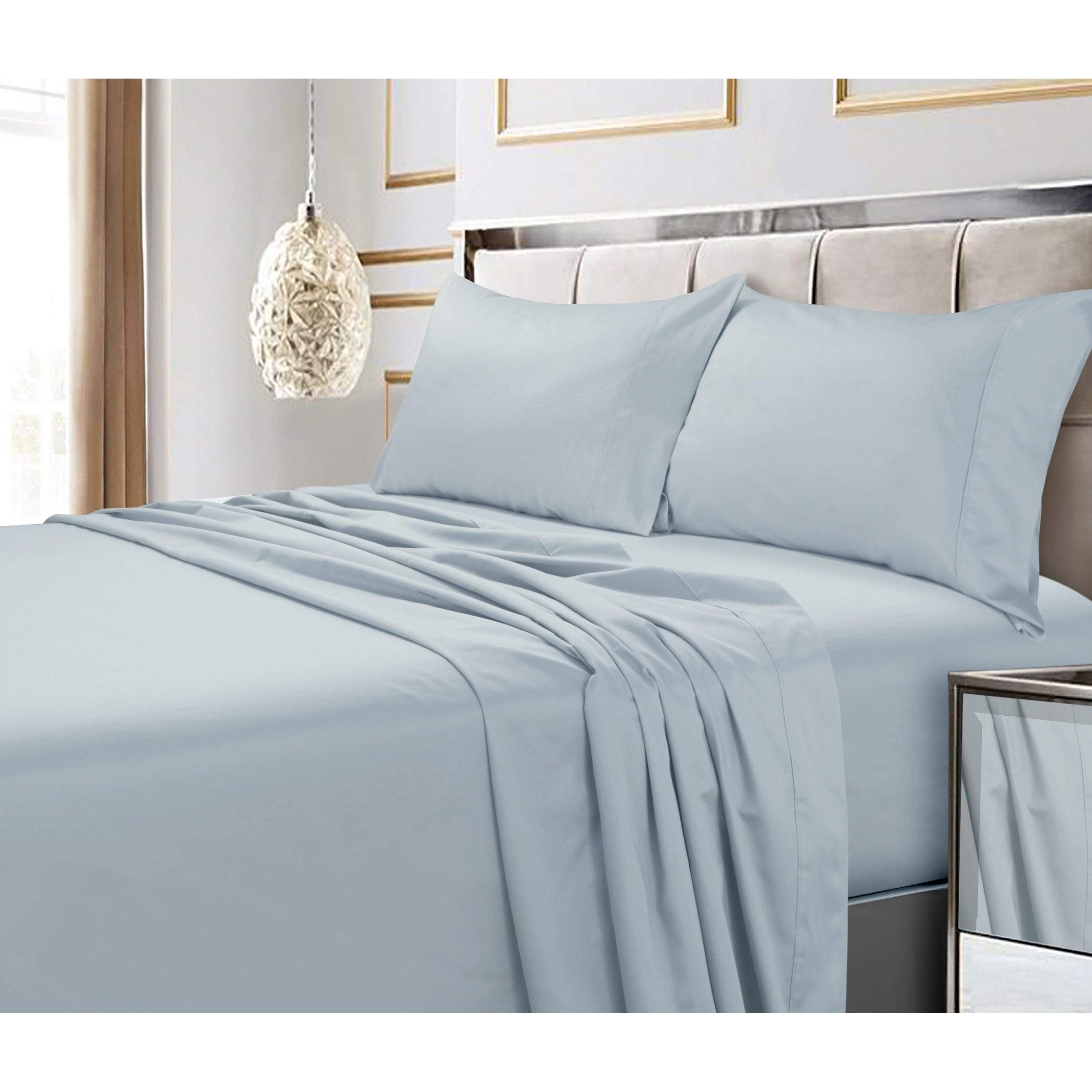 Tribeca Living 600 Thread Count Egyptian Cotton Sateen Pillowcase Set of 2 - King Size Luxury Bedding, Sky Blue Solid Pillow Covers for Hotel-Style Comfort at Home