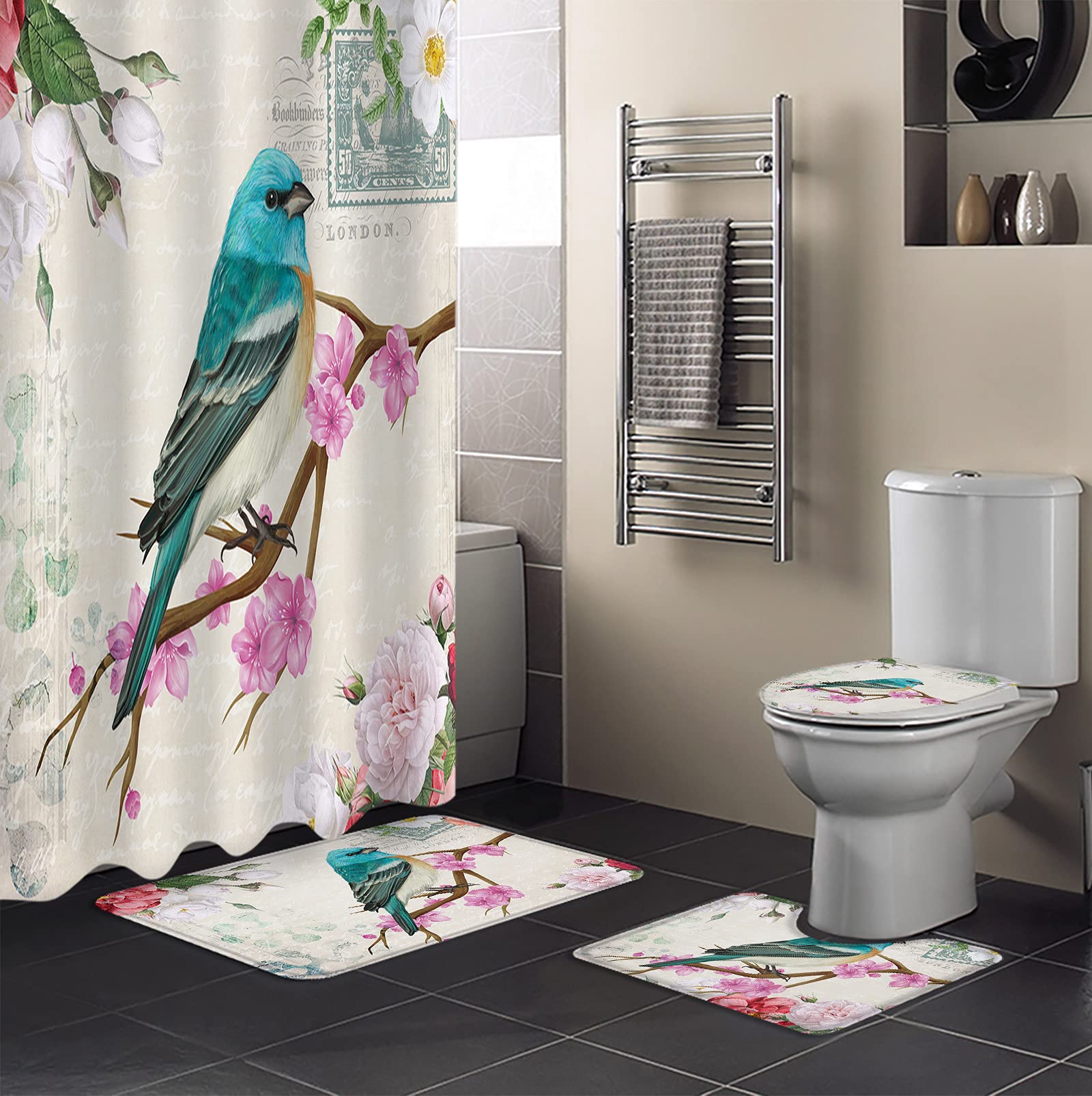 4-Piece Shower Curtain Set - Exotic Blue Bishop Bird & Elegant Pink Floral Vintage Stamp Design | Non-Slip Bath Rug, Toilet Lid Cover & Waterproof Bath Mat | Complete Bathroom Decor Set with 12 Hooks | Perfect for Vintage-Style, Farmhouse & Boho Chic Bathrooms