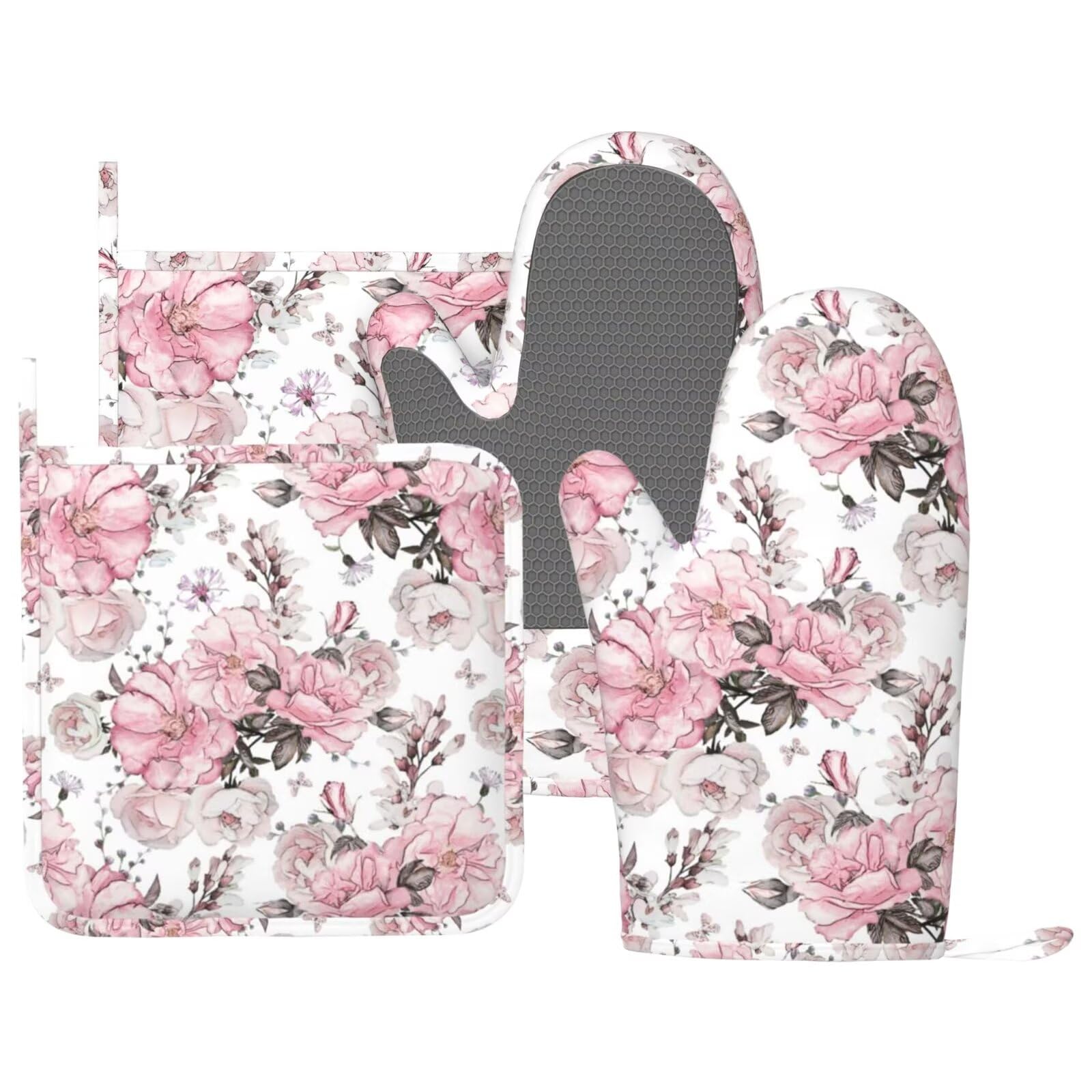 Pink Floral Rose Silicone Oven Mitts and Pot Holders Set - Heat Resistant Kitchen Gloves for Baking, BBQ, Cooking & Grilling - Perfect for Home Kitchen, Outdoor Picnics & Holiday Gatherings