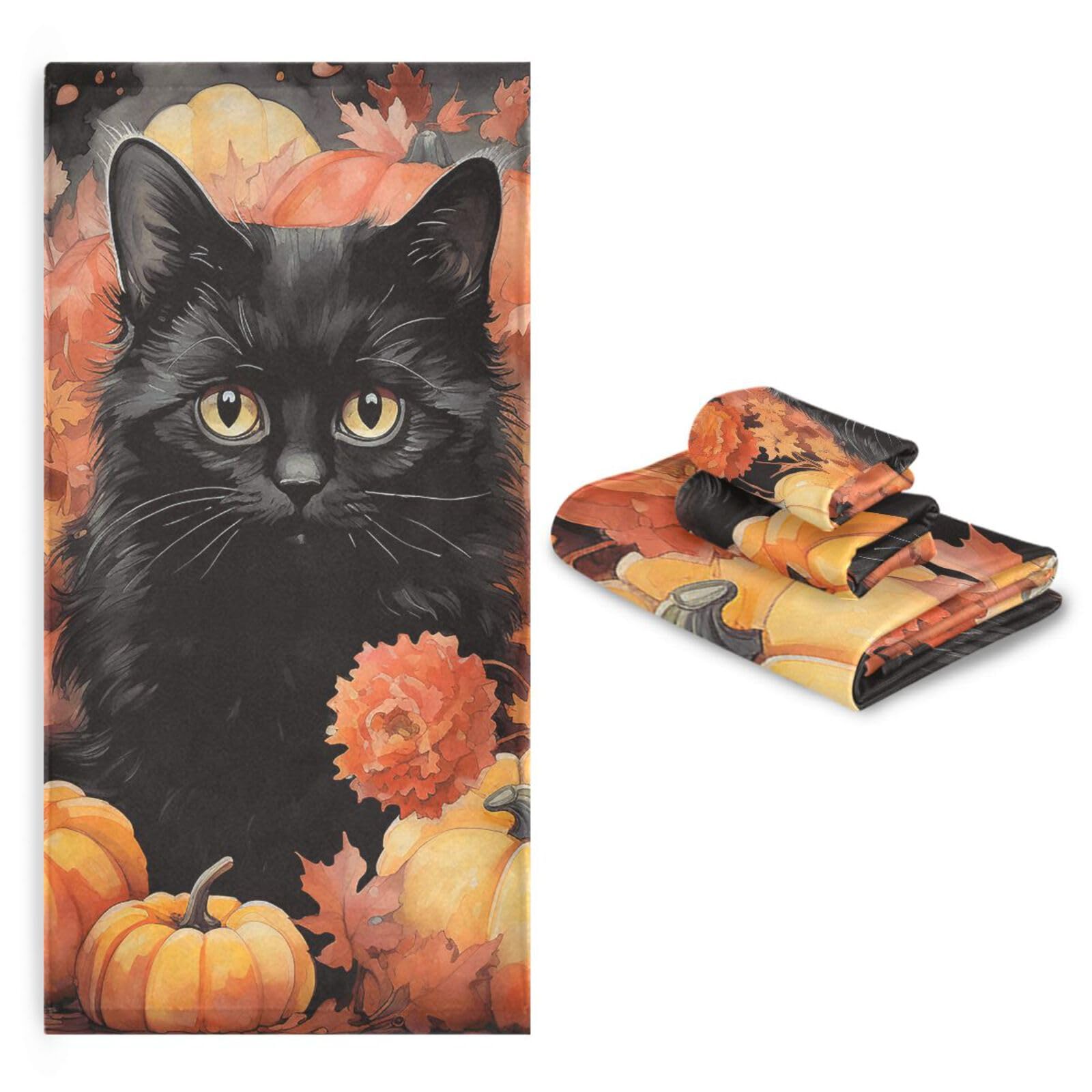 Premium Absorbent Microfiber Bath Towel Set - Soft Decorative Bathroom Towels with Washcloths | Quick-Drying Beach & Shower Towels for Home, Spa, Pool, and Travel | Thanksgiving Pumpkin & Halloween Cat Design