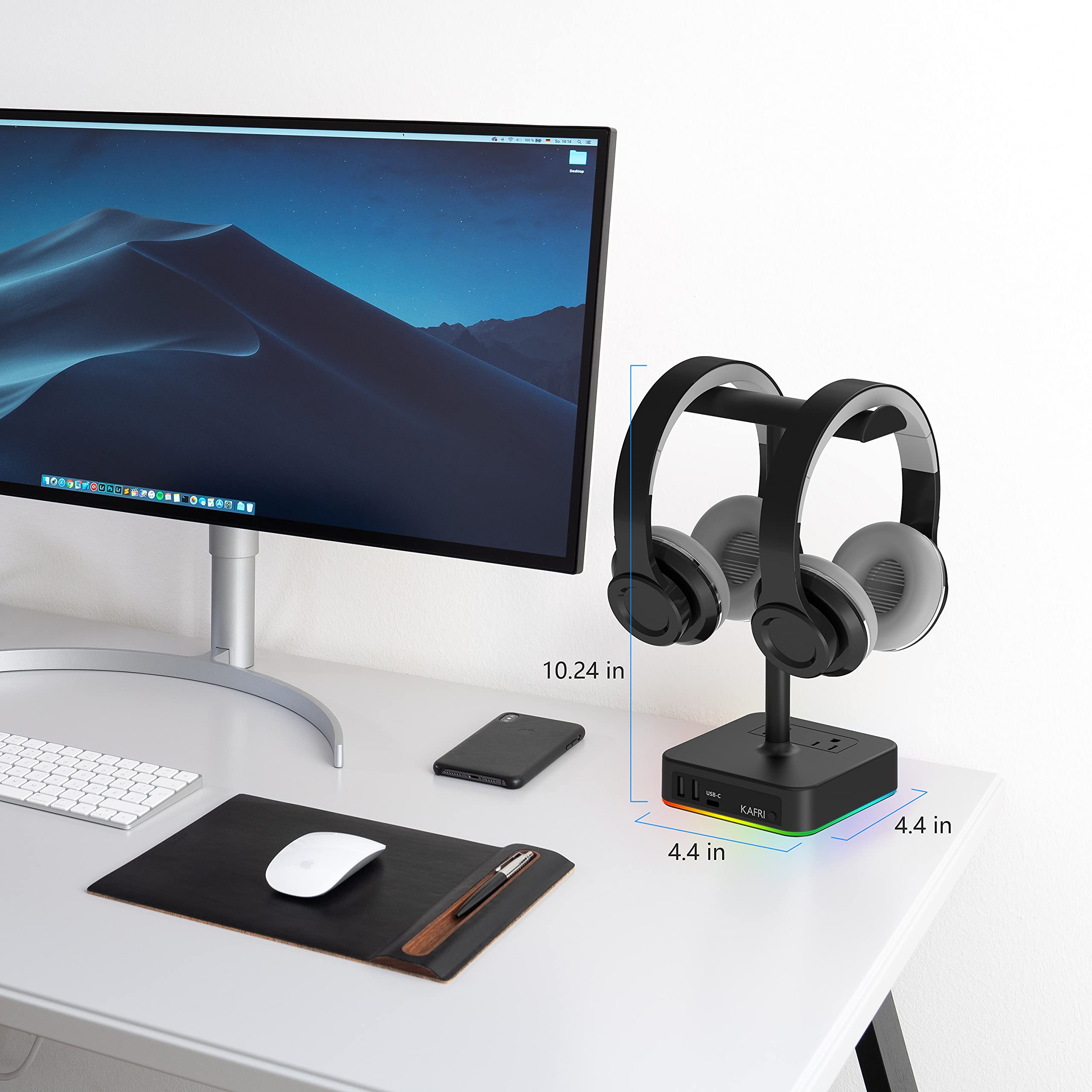 KAFRI RGB Dual Headphone Stand with USB C Charger - Gaming Headset Holder with 3 USB Ports & 2 Outlets - Desk Organizer for Gamers | Perfect for PC Setup, Streaming Station & Office Workspace