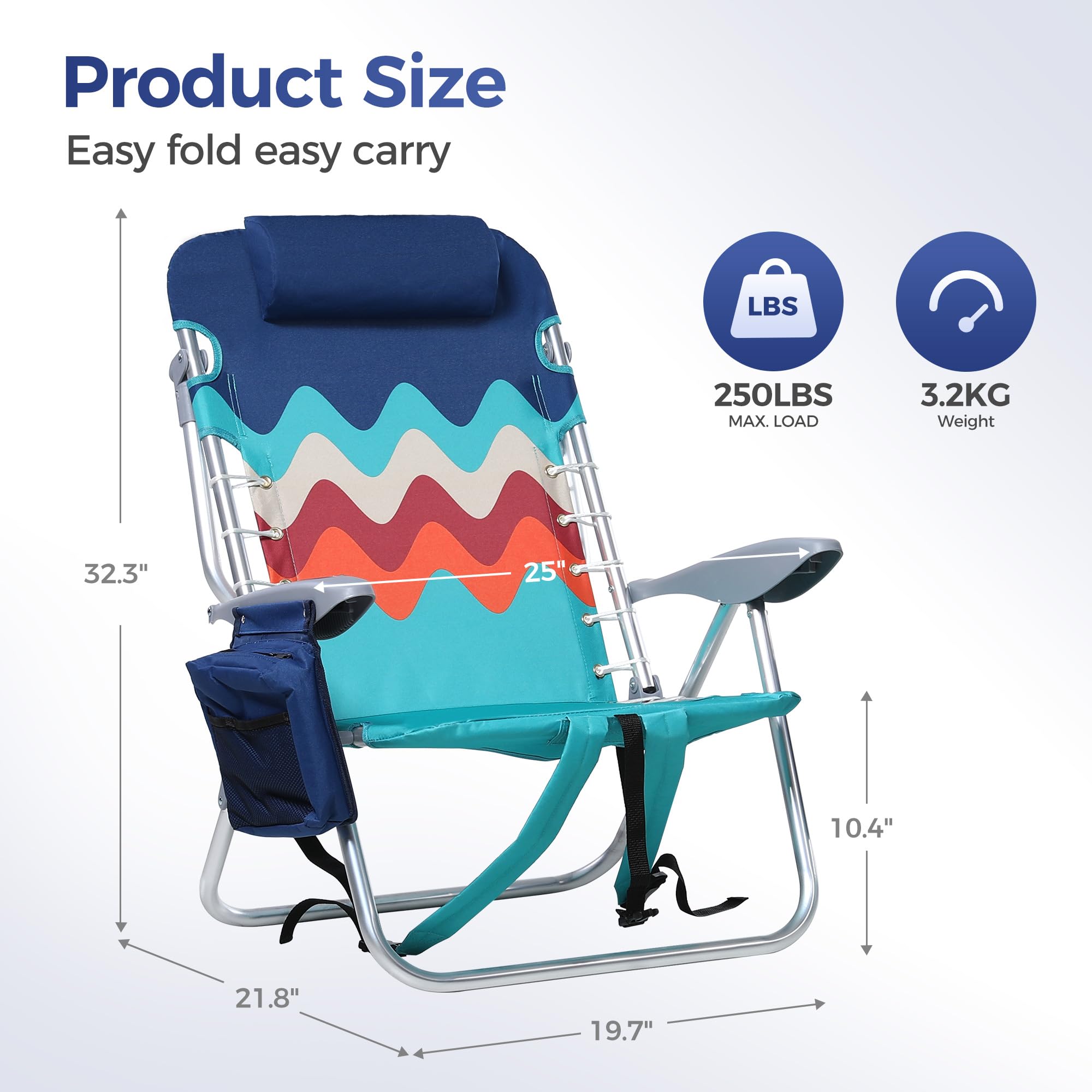 ALPHA CAMP 2-Pack Beach Chairs with Cooler Bag - 4-Position Adjustable Folding Lounge Chairs with Backpack Straps, Supports 250LBS - Portable for Beach, Camping, Poolside & Outdoor Relaxation (Sky Blue)