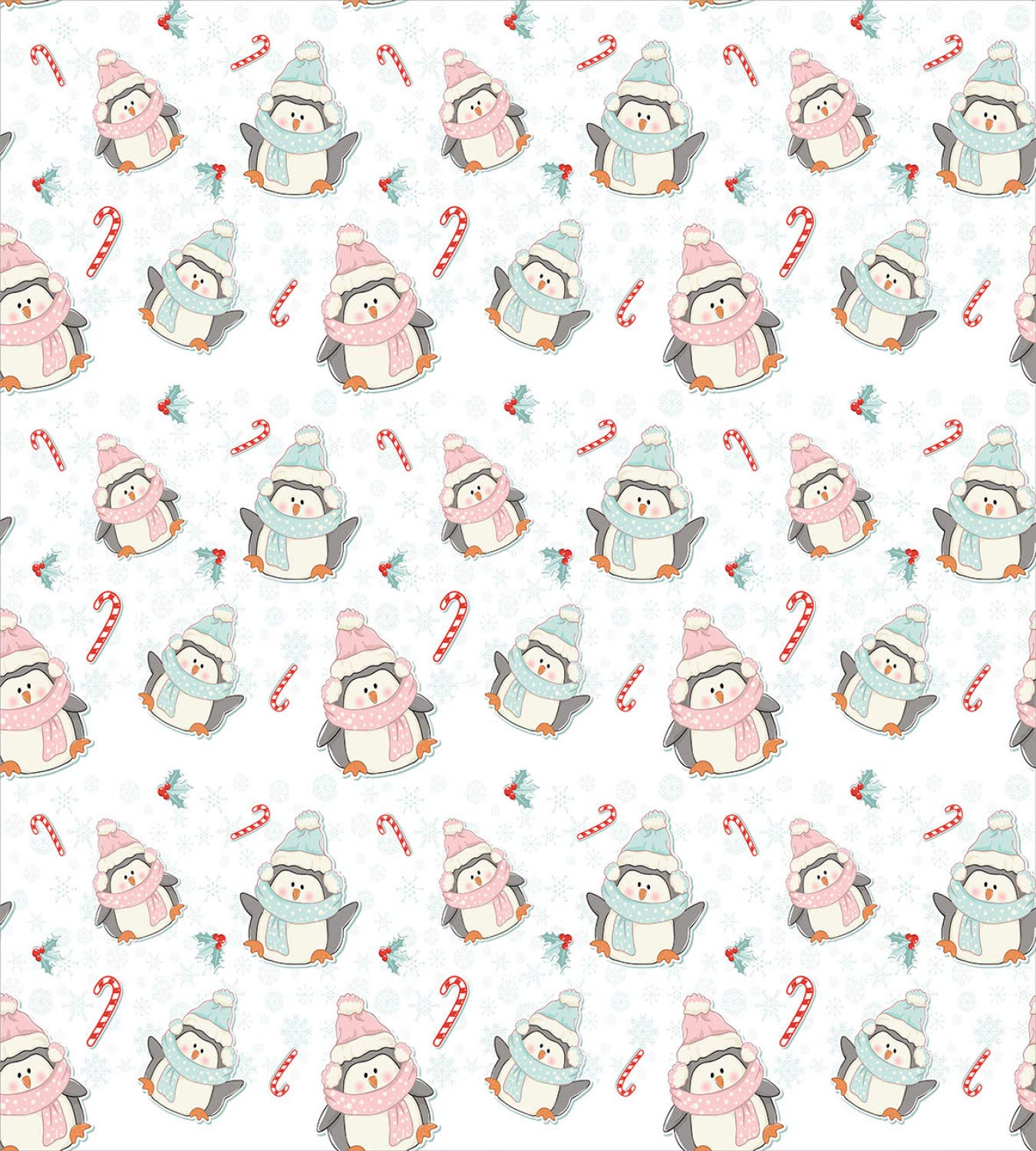 Ambesonne Candy Cane Christmas Duvet Cover Set - 3 Piece Queen Size Bedding with 2 Pillow Shams | Festive Penguins in Scarves & Hats with Holly Berries Design | Rose Pale Blue Holiday Decor for Kids' Bedroom, Guest Room & Winter Themed Decorations
