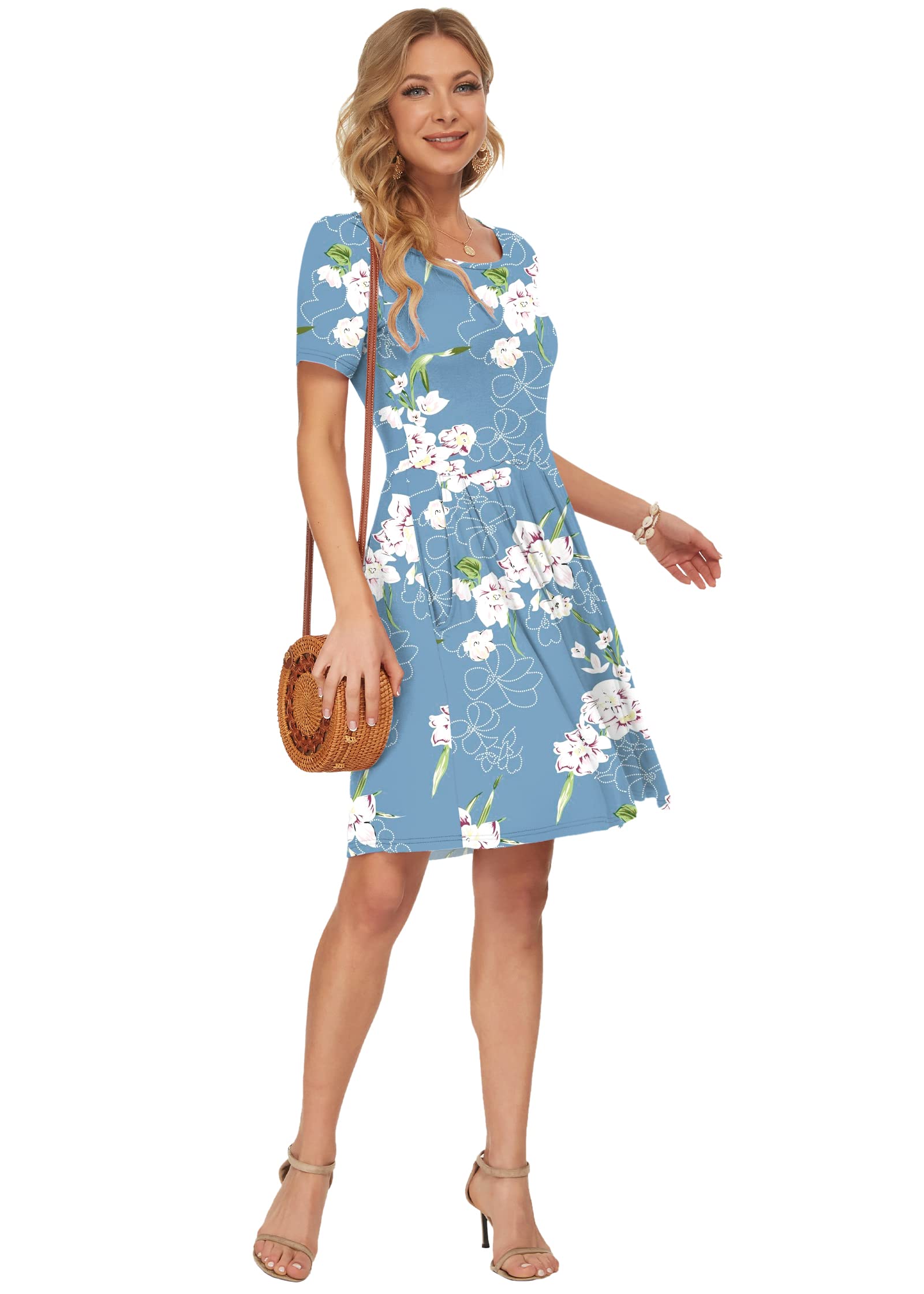 AUSELILY Women's Summer Short Sleeve Pleated Swing Dress - Loose Fit Knee-Length Dress with Pockets | Casual Wear, Beach Cover Up, Vacation Outfit 2025 New