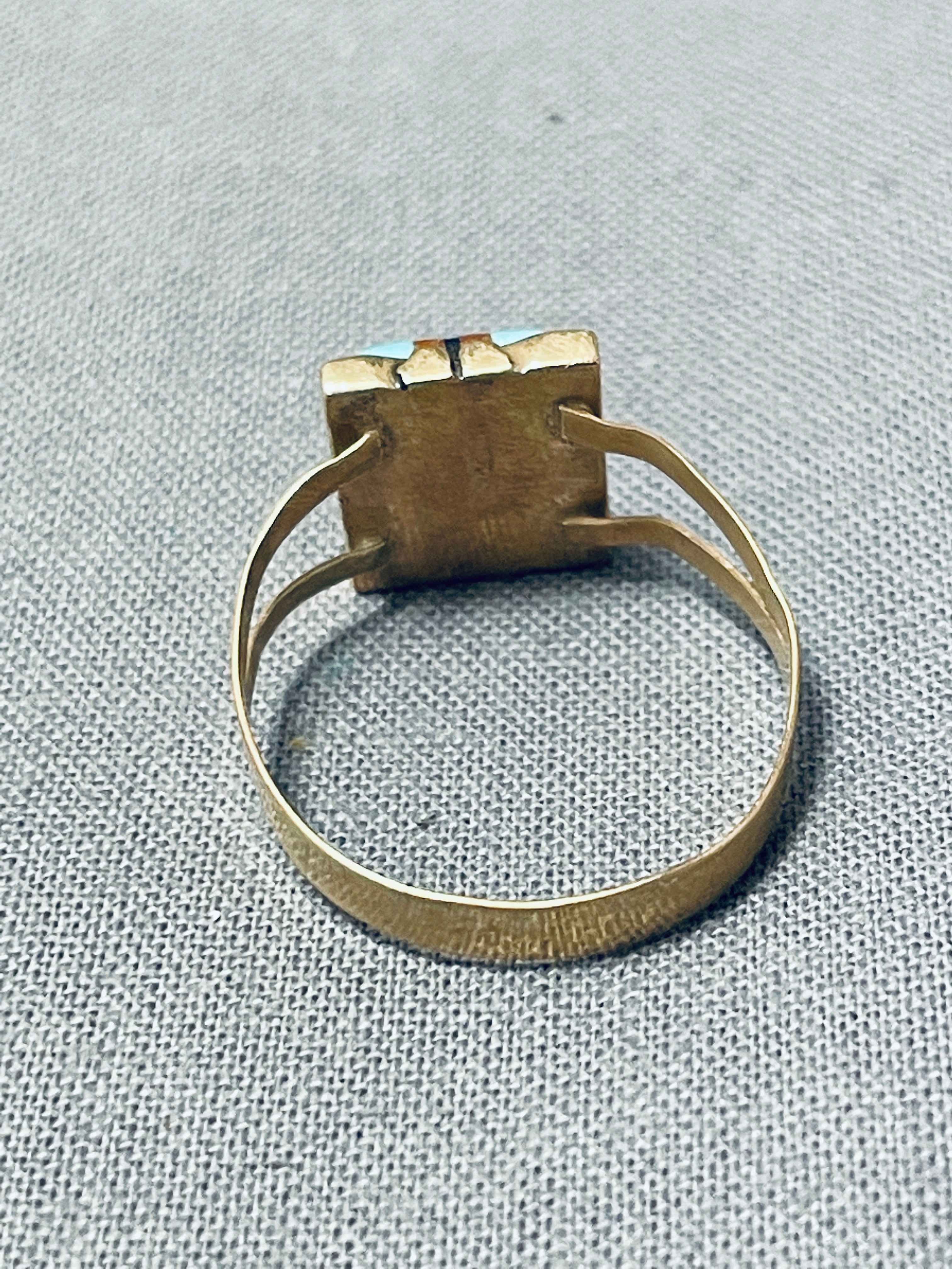 14K Gold Vintage Signed Navajo Turquoise Inlay Ring - Authentic Native American Jewelry for Women, Handmade Southwest Style, Perfect for Boho Fashion & Special Occasions
