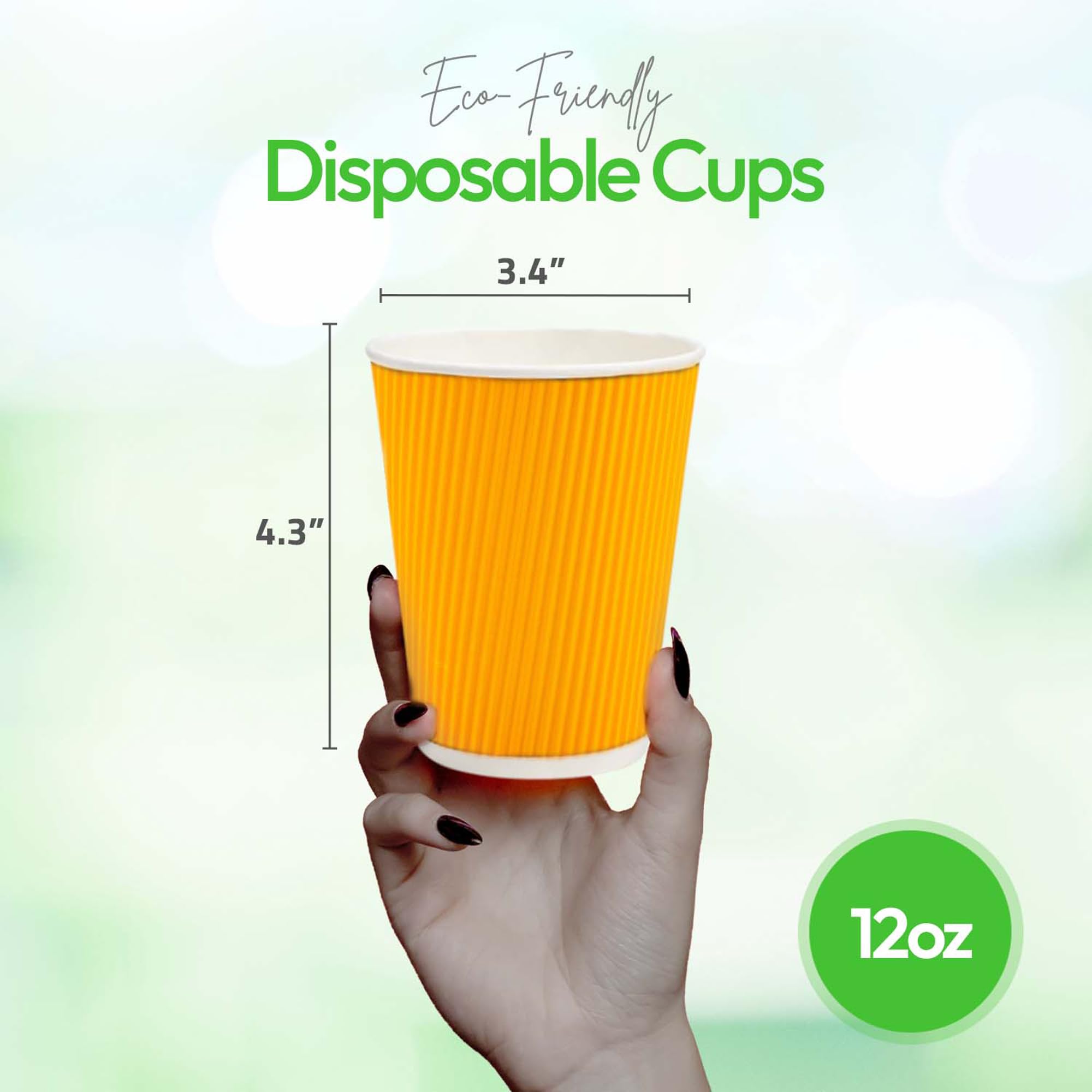 12oz Disposable Coffee Cups - 500 Pack Insulated Ripple Wall Hot Cups for Coffee & Tea | Rolled Rim, Yellow Paper | Lids Sold Separately | Perfect for Cafes, Offices & Events