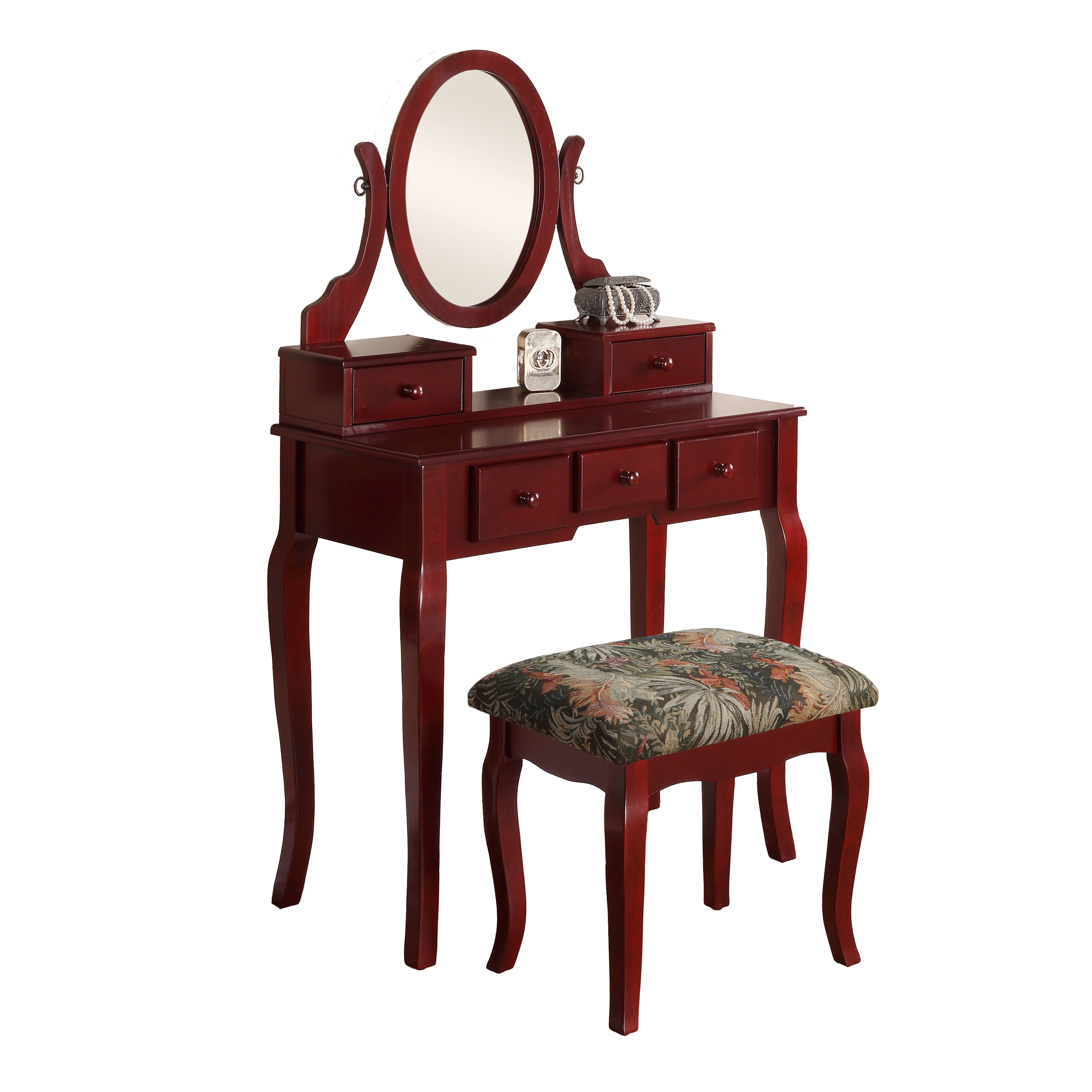 Ashley Wood Makeup Vanity Table and Stool Set with Mirror - Cherry Finish for Bedroom, Dressing Room & Beauty Salon | Roundhill Furniture