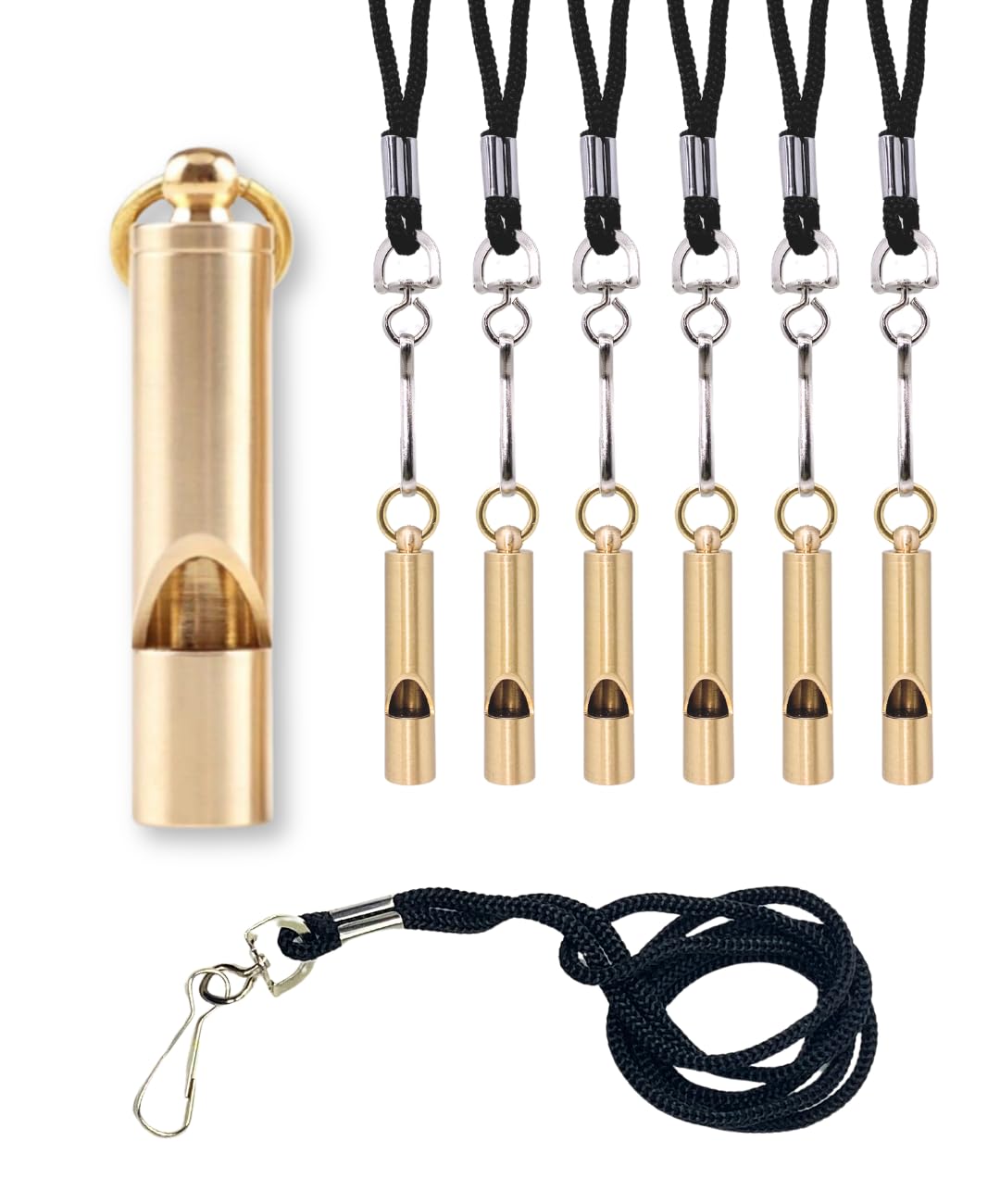 6 Pack Brass Whistles with Lanyards - Gold for Sports & Safety