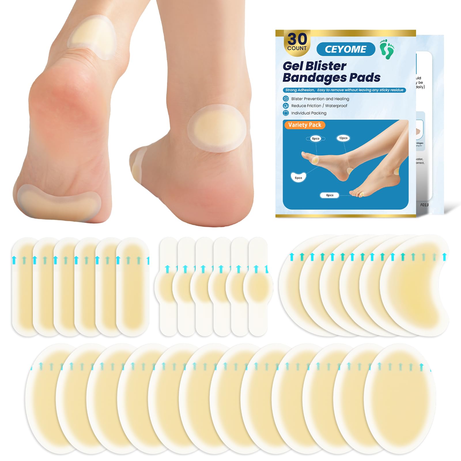 Hydrocolloid Blister Bandages for Feet & Toe - 30 Count Water-Resistant Gel Cushions - Ultra-Thin Prevention & Healing Pads for Hiking, Running & Everyday Comfort - Variety Pack