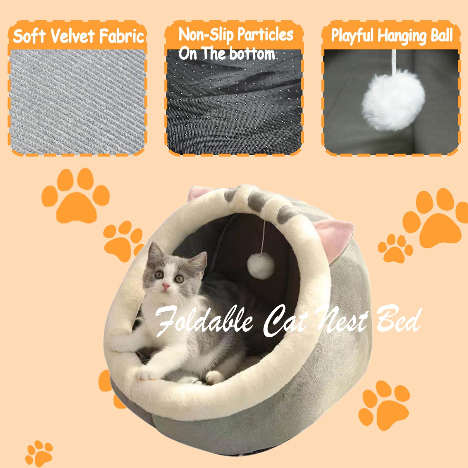 Cozy Cat Bed Cave - Semi-Enclosed Cat House with Hanging Plush Ball & Removable Mat | Foldable Cat Nest for Indoor Kittens | Perfect for Napping, Playtime & Stress Relief (Size A, M)