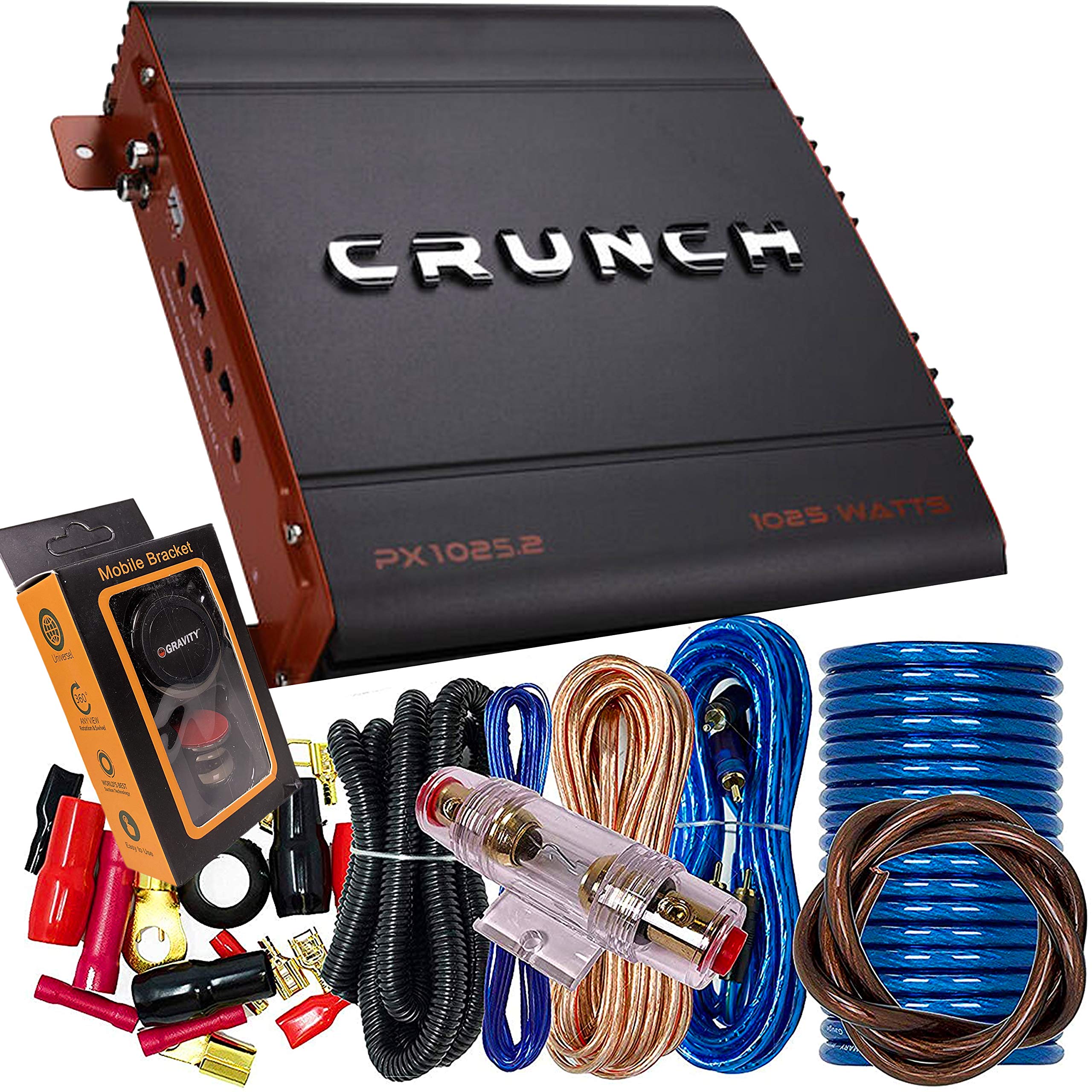 Crunch PX-1025.2 1000W 2-Channel Car Amplifier with 4-Gauge Wiring Kit & Magnetic Phone Holder - Powerful Car Audio System for Bass Boost & Clear Sound - Perfect for Road Trips & Daily Commutes